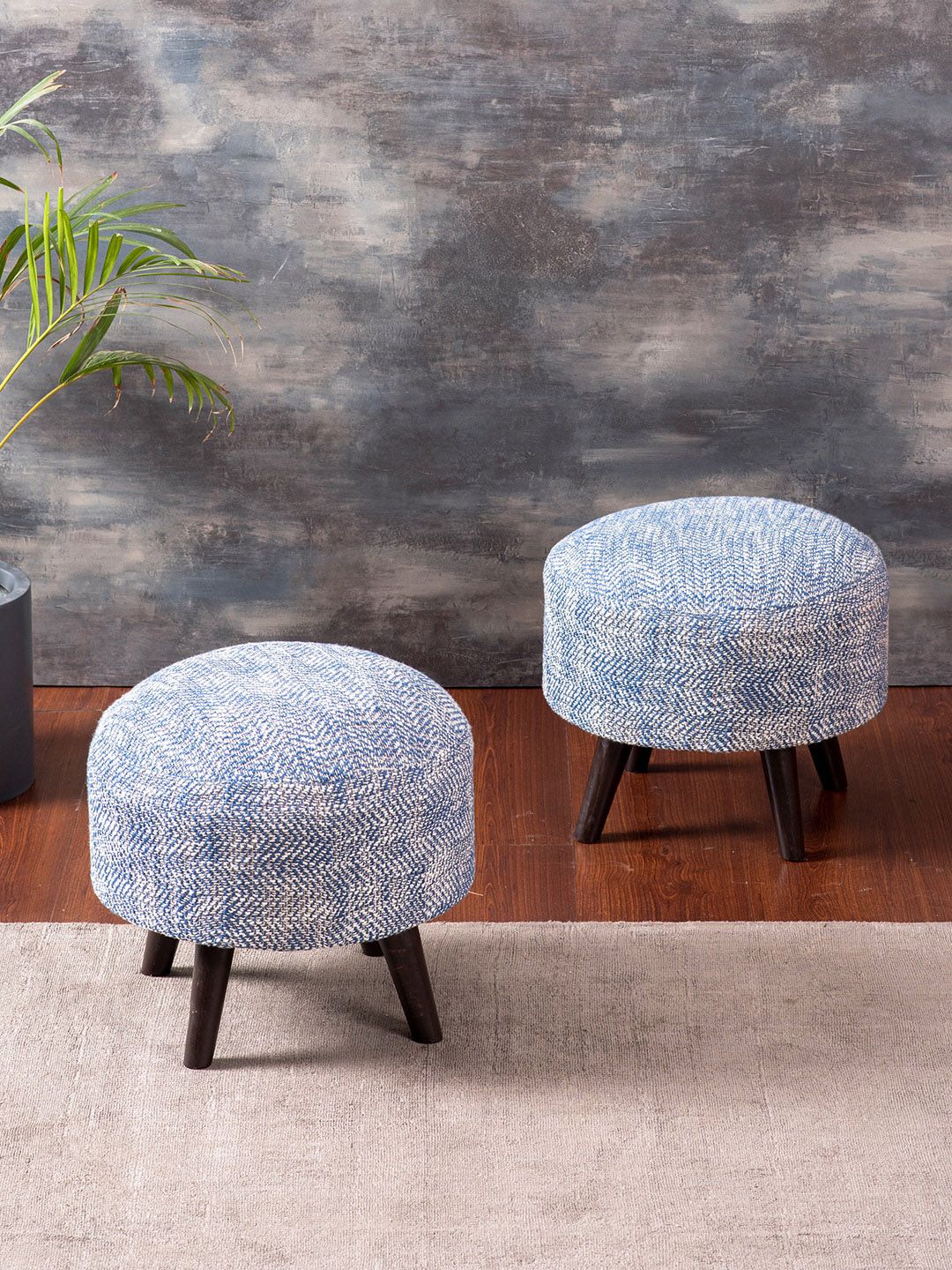 nestroots Pack of 2 Blue & White Self Design Ottomans Price in India