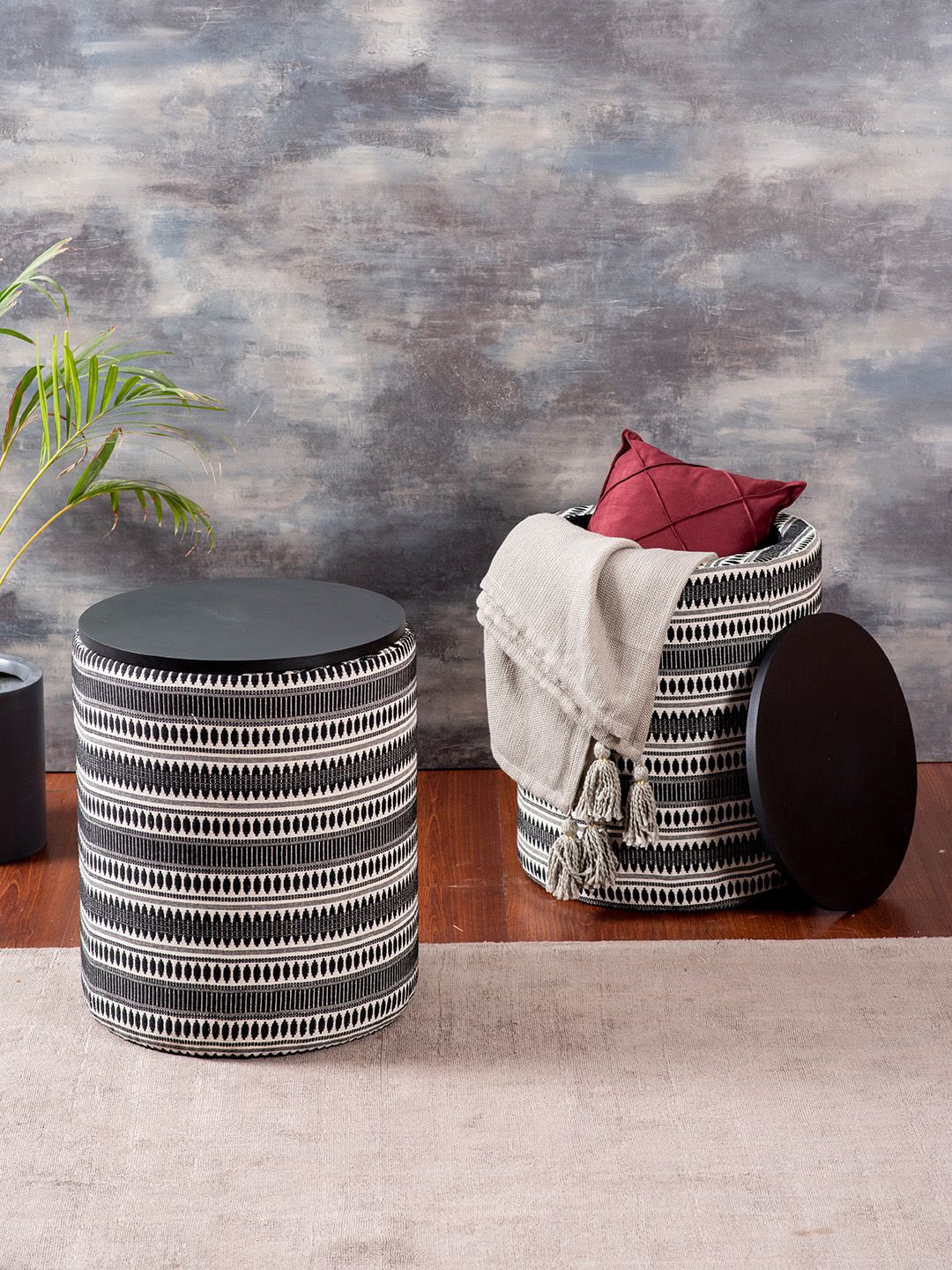 nestroots Black & White Set of 2 Printed Storage Ottomans Price in India