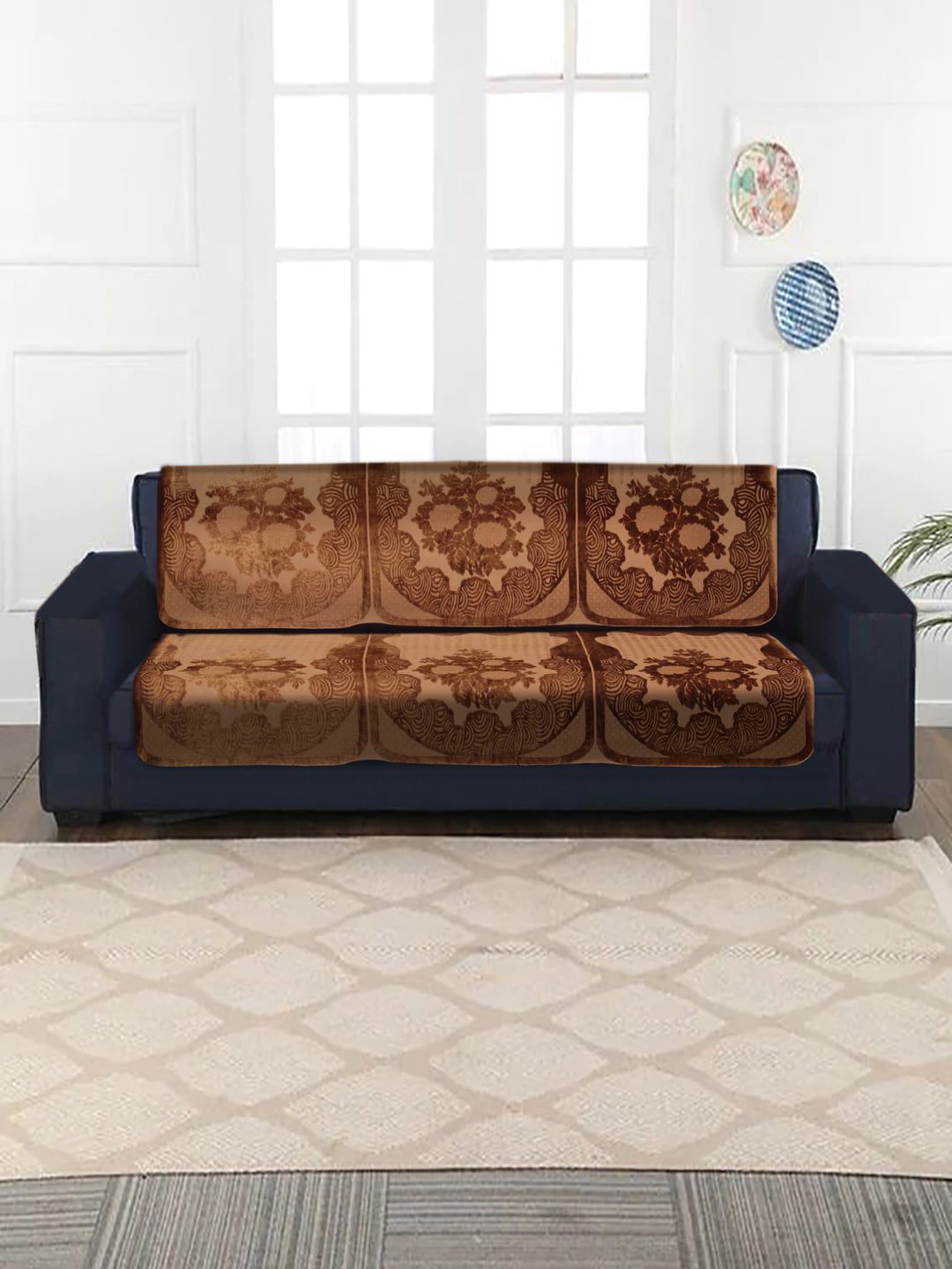 HOSTA HOMES Adults 6-Pieces Brown Jacquard 3 Seater Sofa Cover Price in India