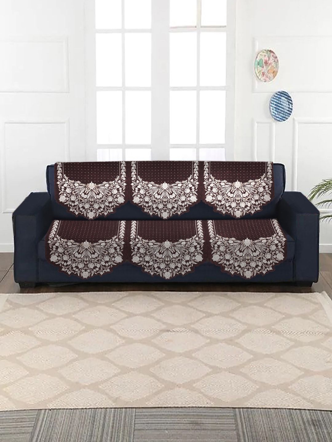 HOSTA HOMES Set of 6 Maroon & White Floral Jacquard 3-Seater Sofa Covers Price in India
