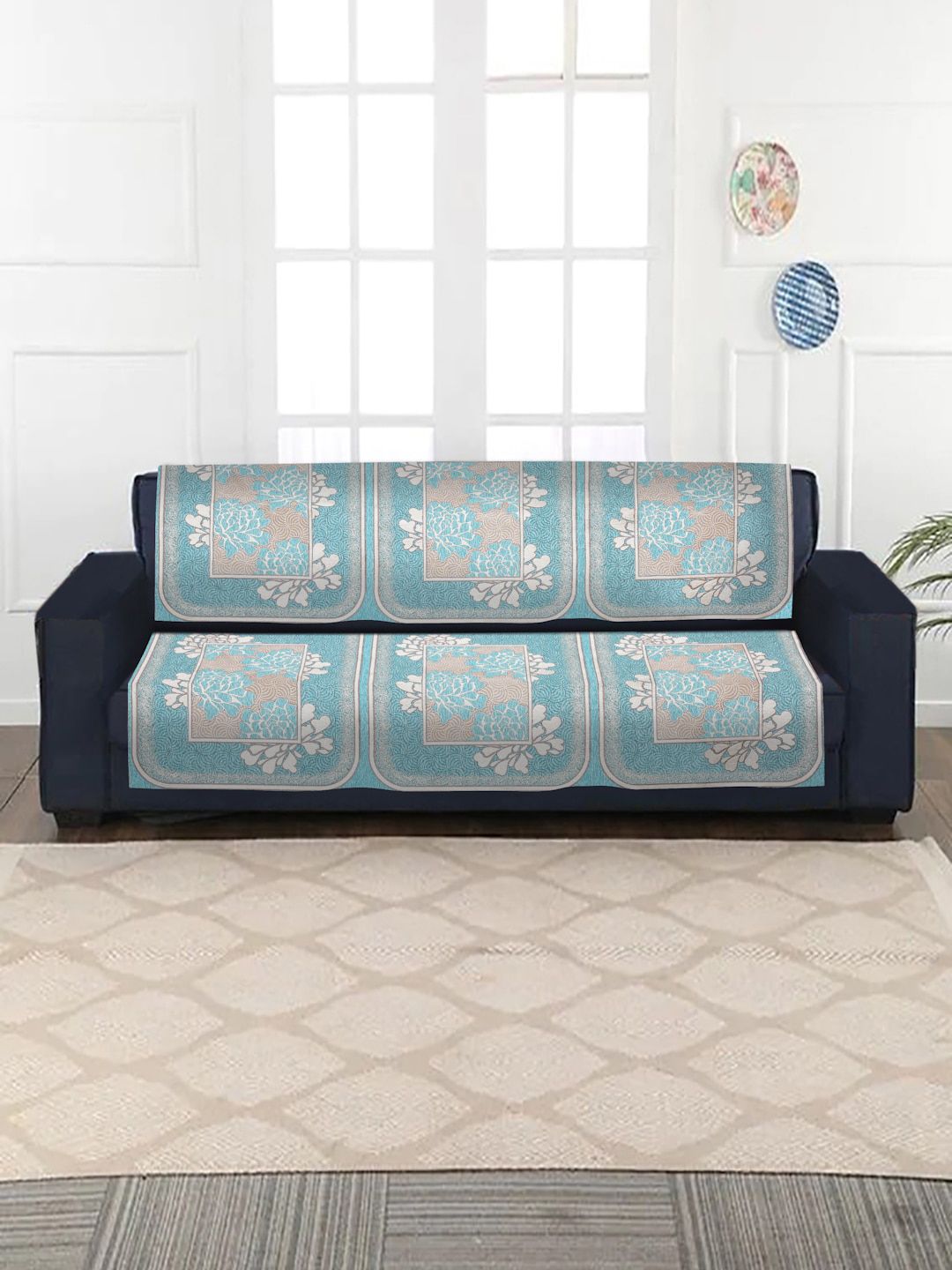 HOSTA HOMES Blue Floral Jacquard Velvet 3 Seater Sofa Cover Price in India