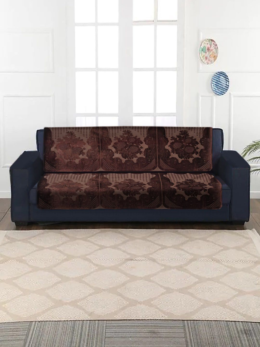 HOSTA HOMES Set of 6 Brown Velvet Self Embossed 3 Seater Sofa Cover Price in India