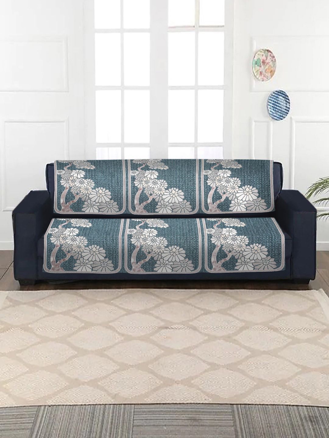 HOSTA HOMES Set of 6 Teal & White Floral Jacquard 3-Seater Sofa Covers Price in India