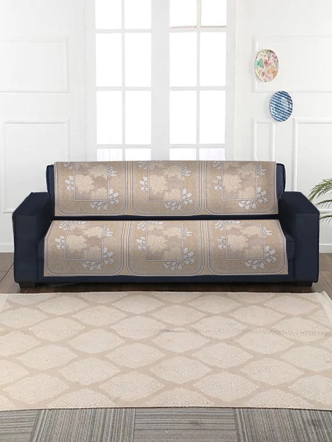 HOSTA HOMES Set of 6 Beige Floral Jacquard 3-Seater Sofa Covers Price in India