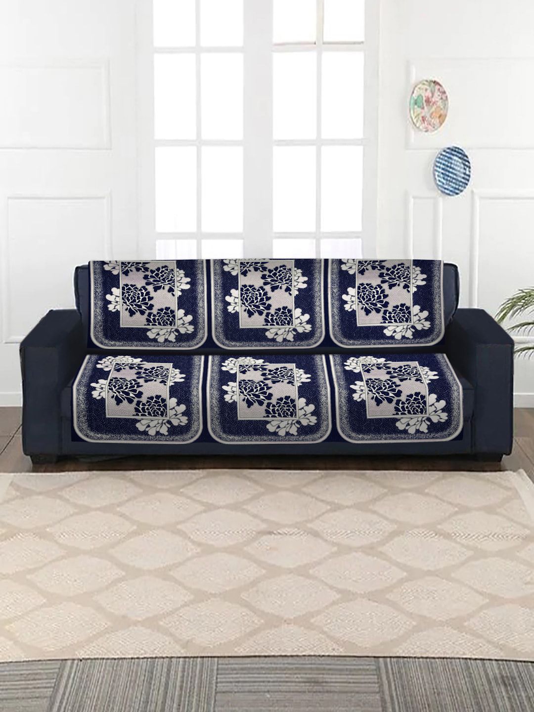 HOSTA HOMES 6-Pieces Navy Blue Jacquard 3 Seater Sofa Cover Price in India