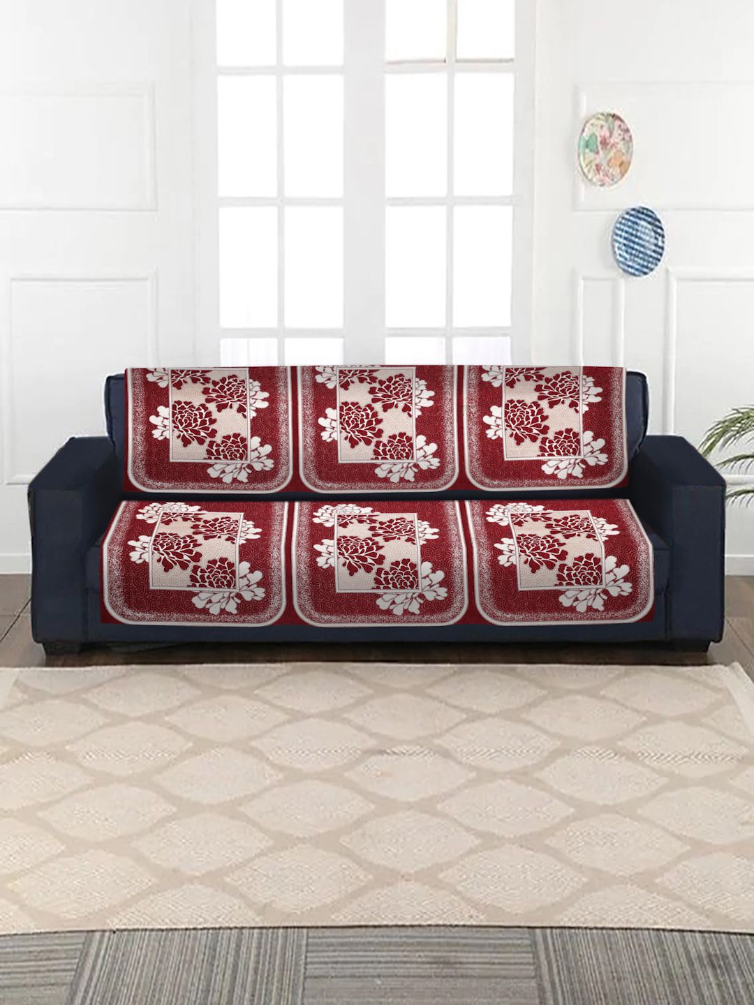 HOSTA HOMES 6-Pieces Maroon Jacquard 3 Seater Sofa Cover Price in India