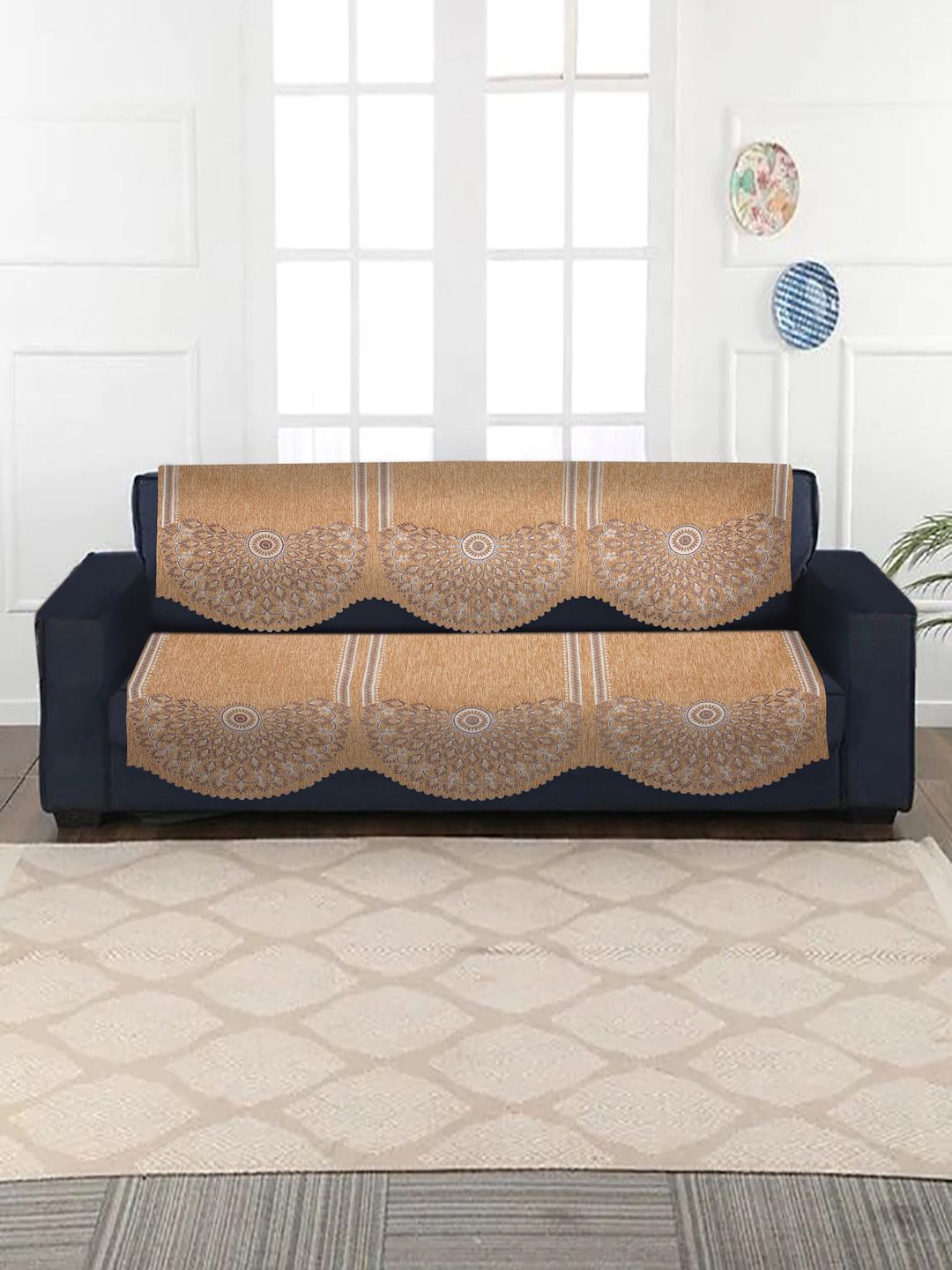 HOSTA HOMES Set of 6 Mustard Jacquard Velvet 3 Seater Sofa Cover Price in India