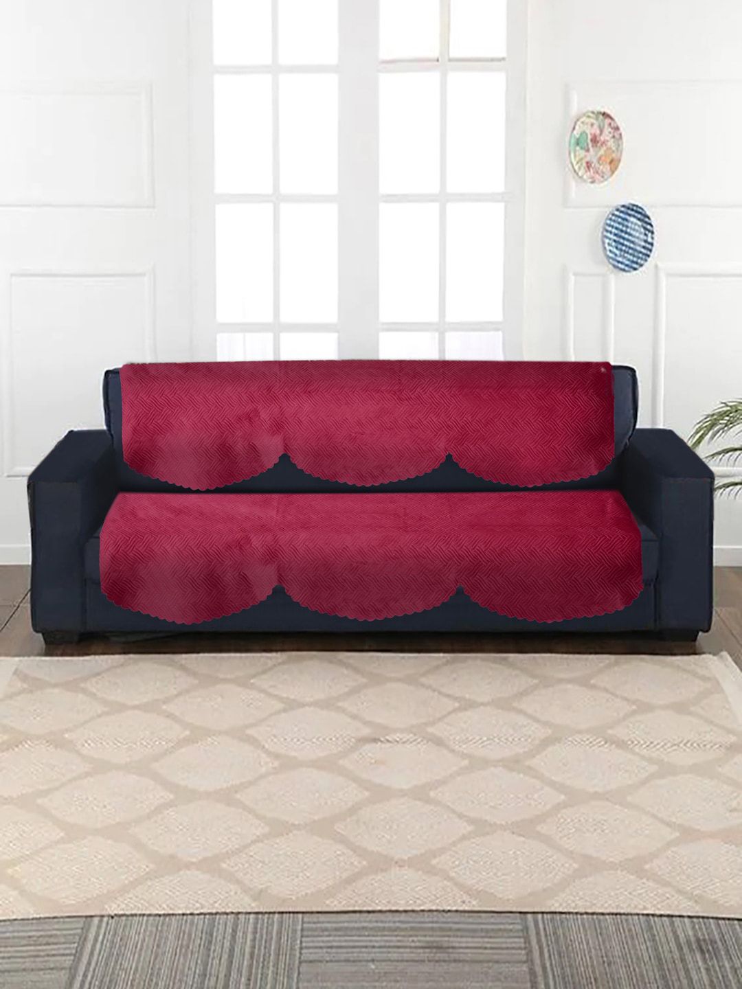 HOSTA HOMES Set Of 6 Maroon Jacquard Velvet Quilted Self Design 3 Seater Sofa Cover Price in India