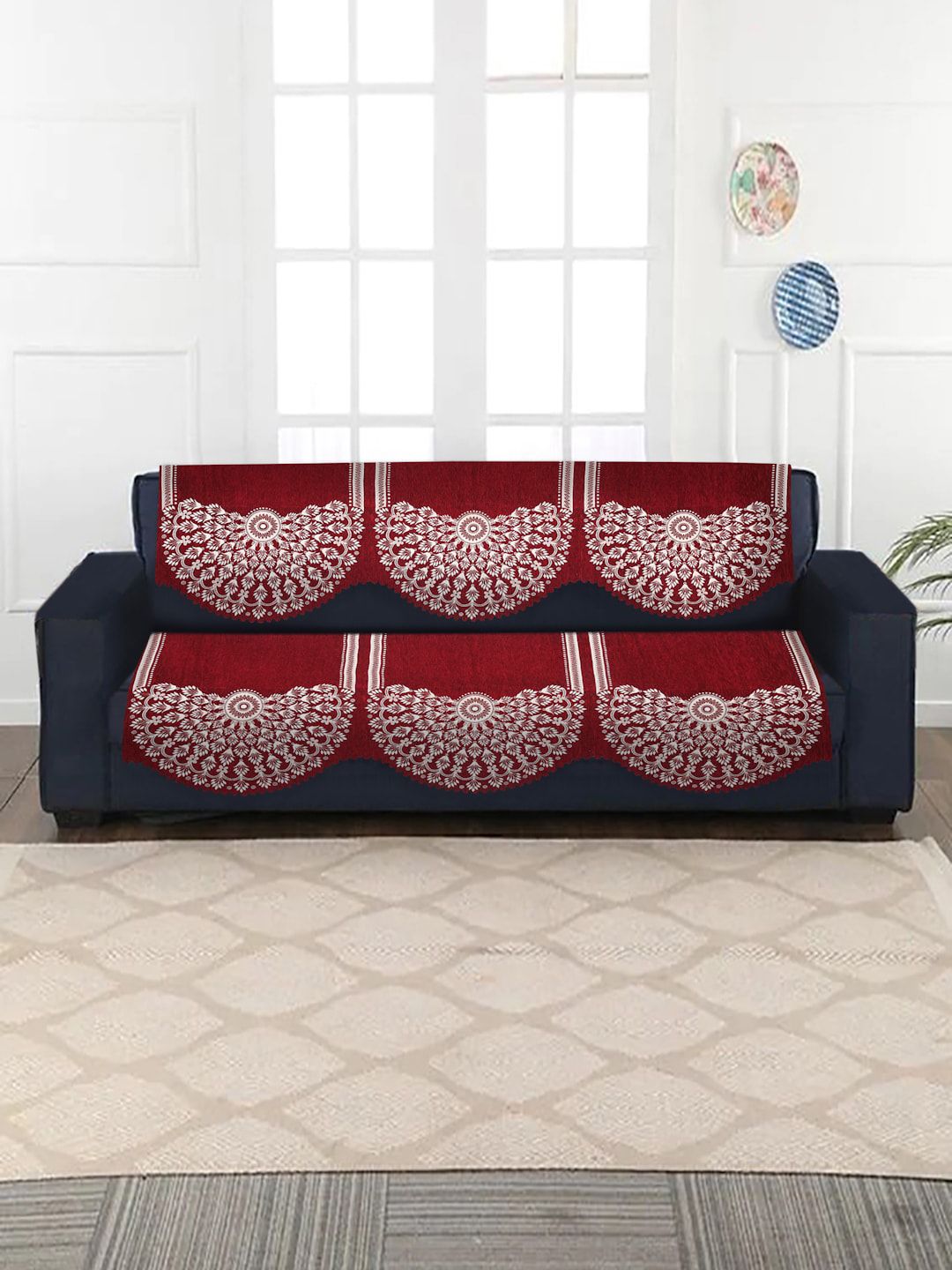 HOSTA HOMES Set of 6 Maroon Jacquard Velvet 3 Seater Sofa Cover Price in India