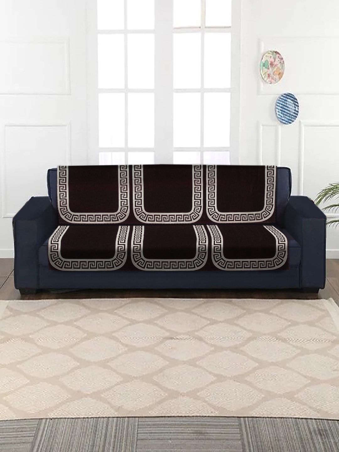 HOSTA HOMES 6-Pieces Black Self Design Jacquard Velvet 3 Seater Sofa Cover Price in India