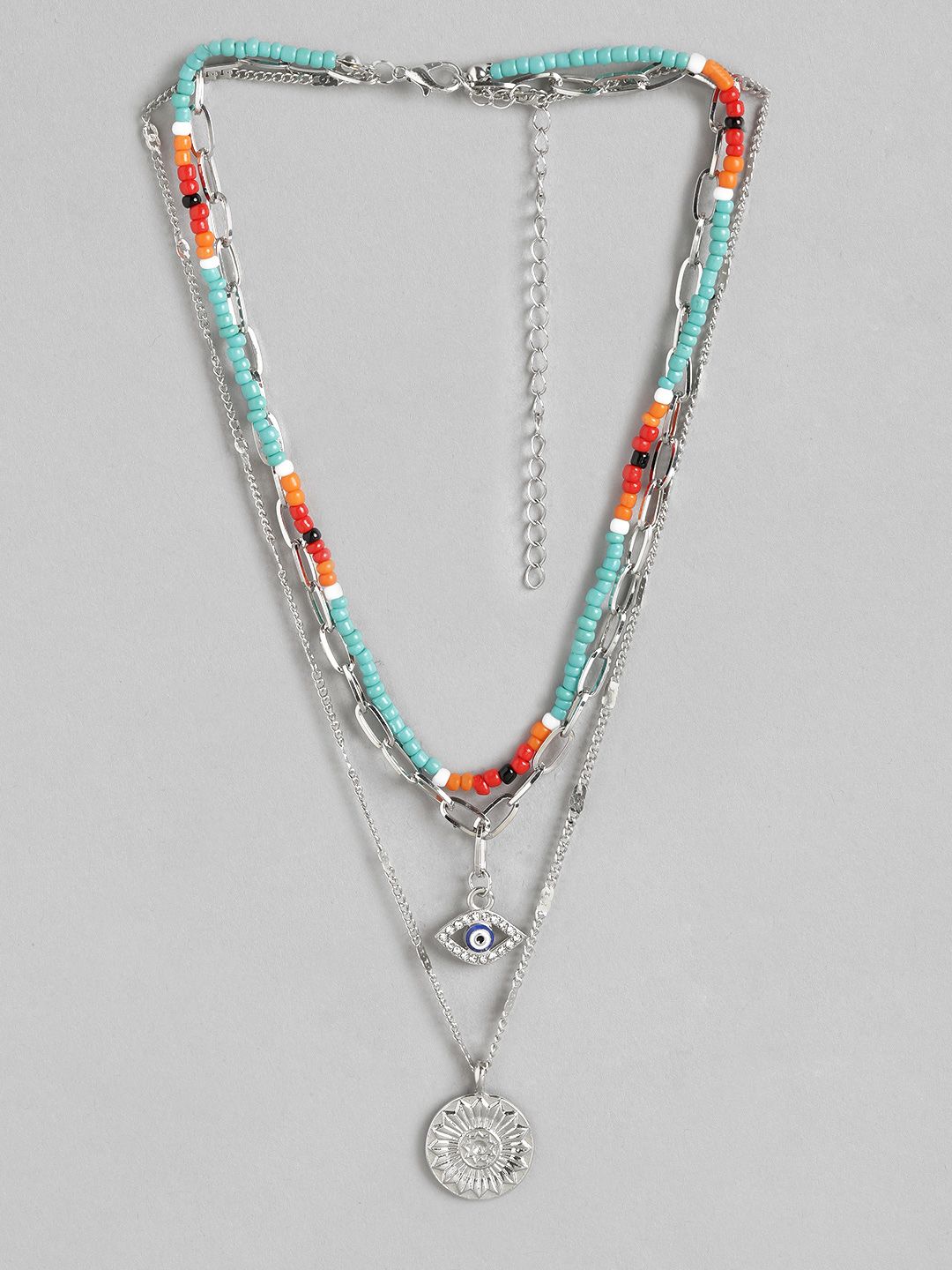 Carlton London Turquoise Blue & Orange Rhodium-Plated Layered Necklace Price in India