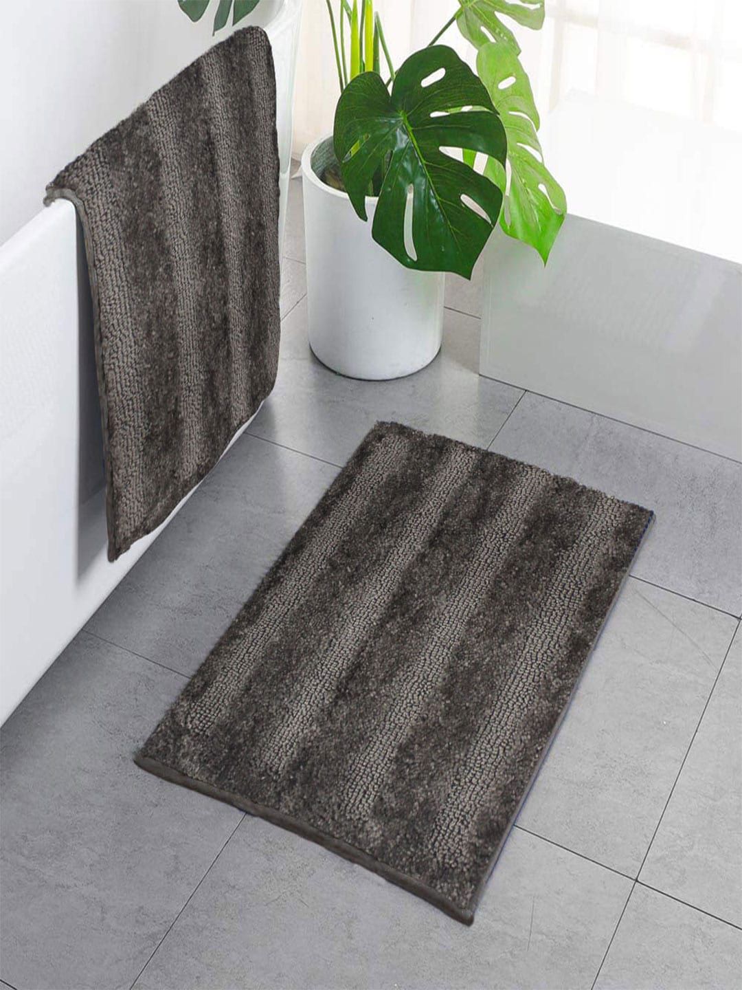 LUXEHOME INTERNATIONAL Set of 2 Grey Striped Microfiber Anti-Skid 1700 GSM Doormats Price in India