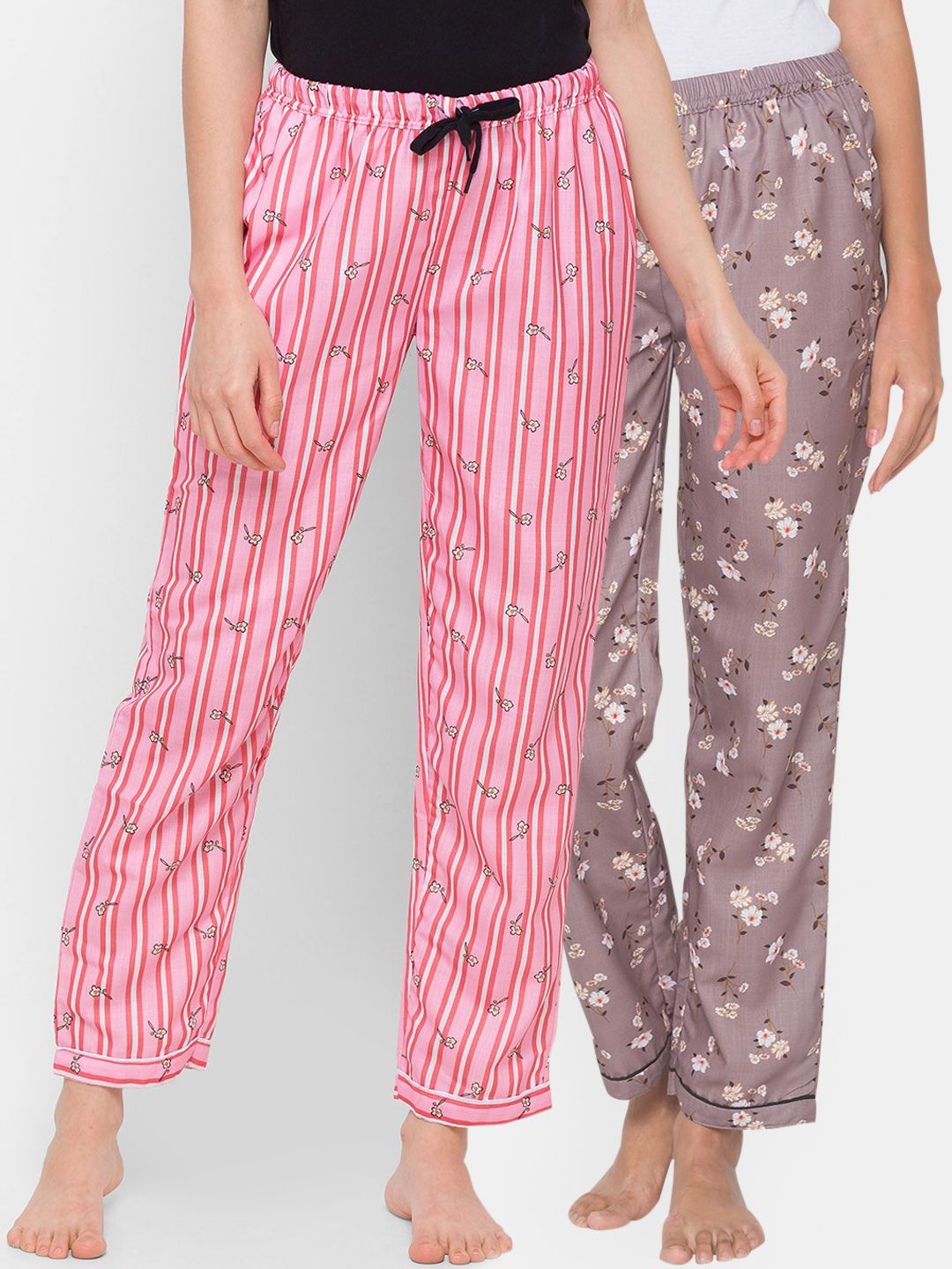 FashionRack Women Pack of 2 Pink Brown Printed Cotton Lounge Pants Price in India