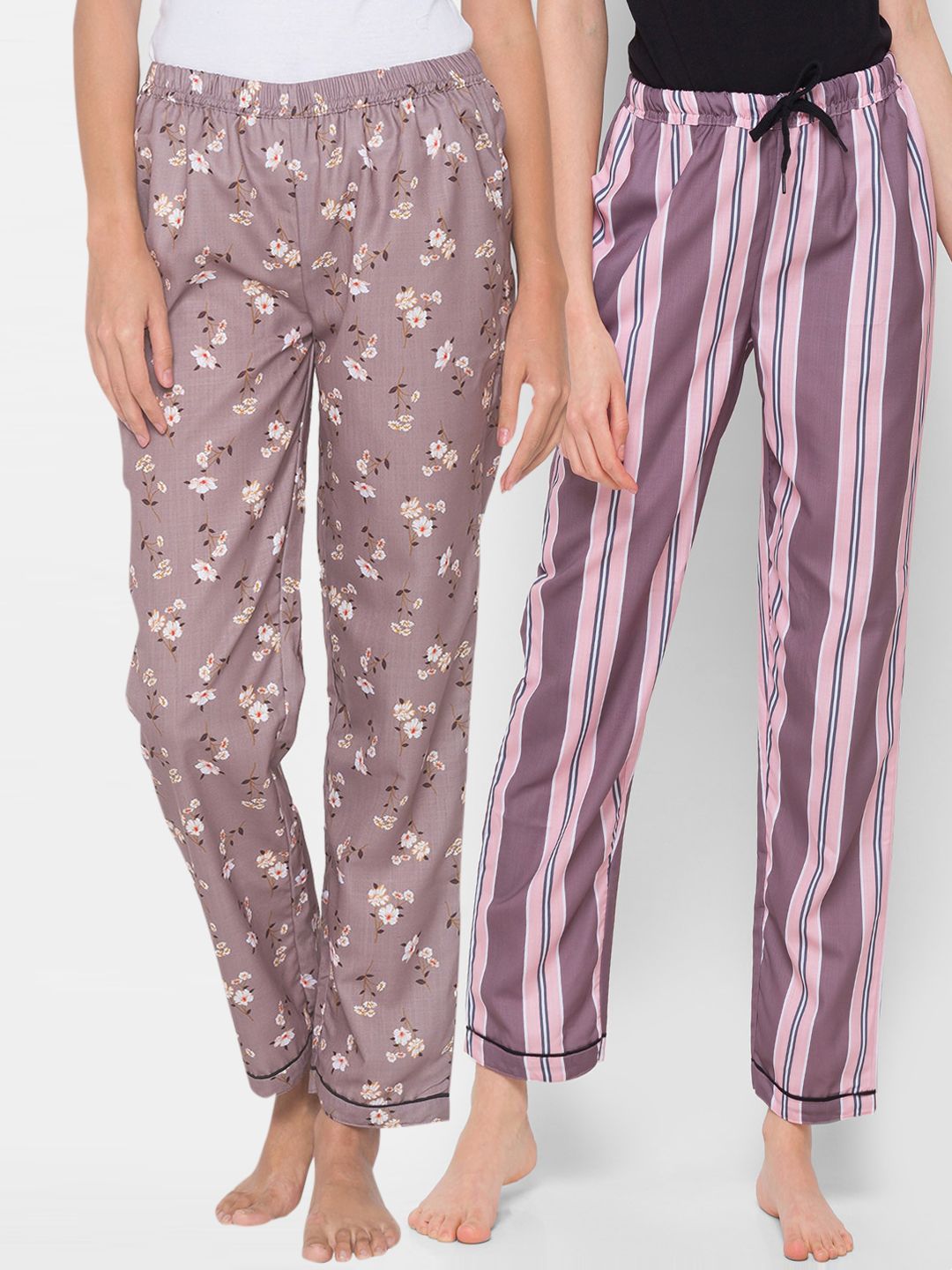 FashionRack Women Pack of 2 Brown & Pink Printed Cotton Lounge Pants Price in India