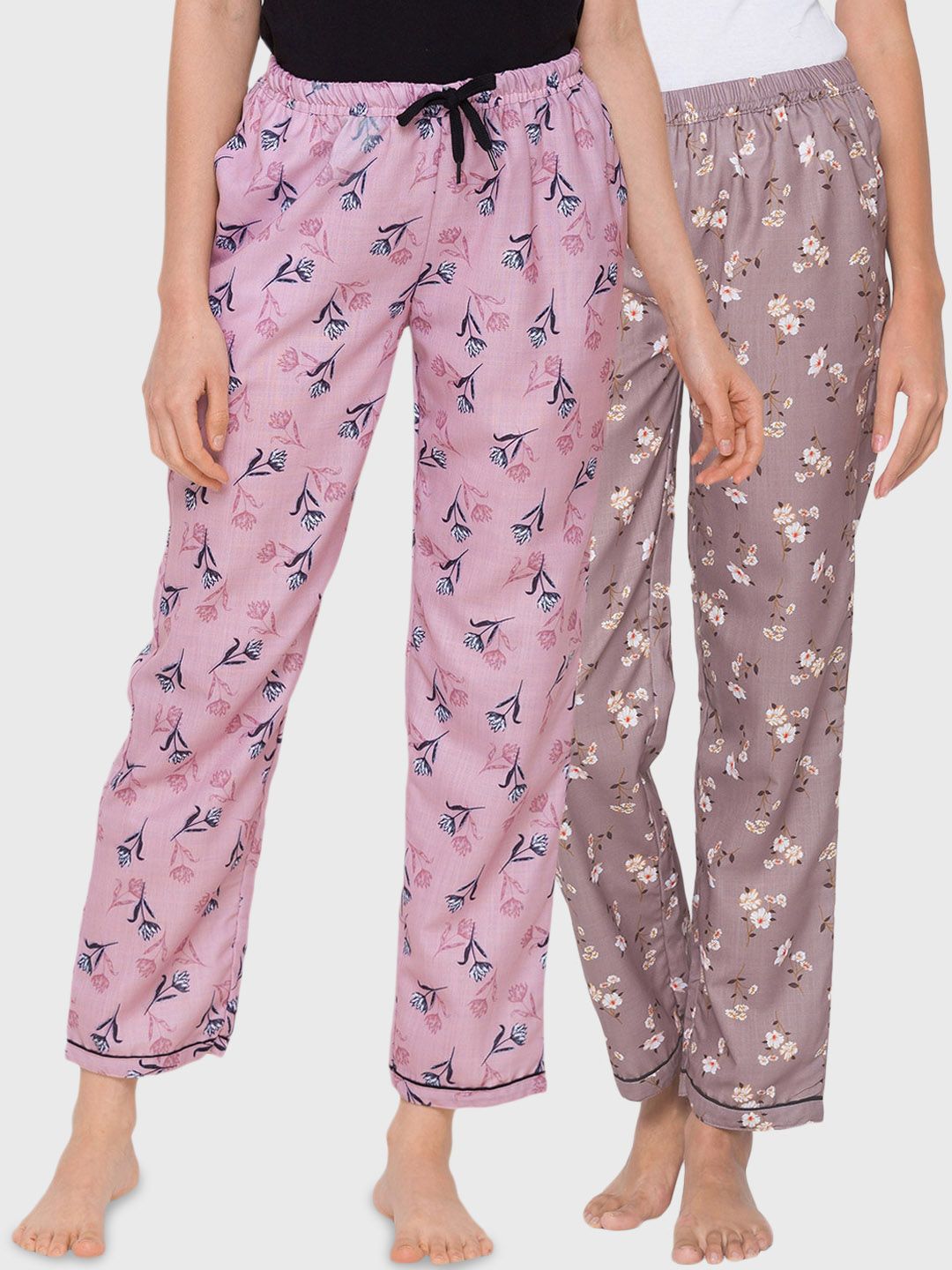 FashionRack Women Pack of 2 Pink & Grey Printed Cotton Lounge Pants Price in India