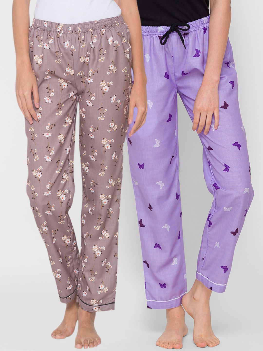 FashionRack Women Pack of 2 Brown & Purple Printed Cotton Lounge Pants Price in India