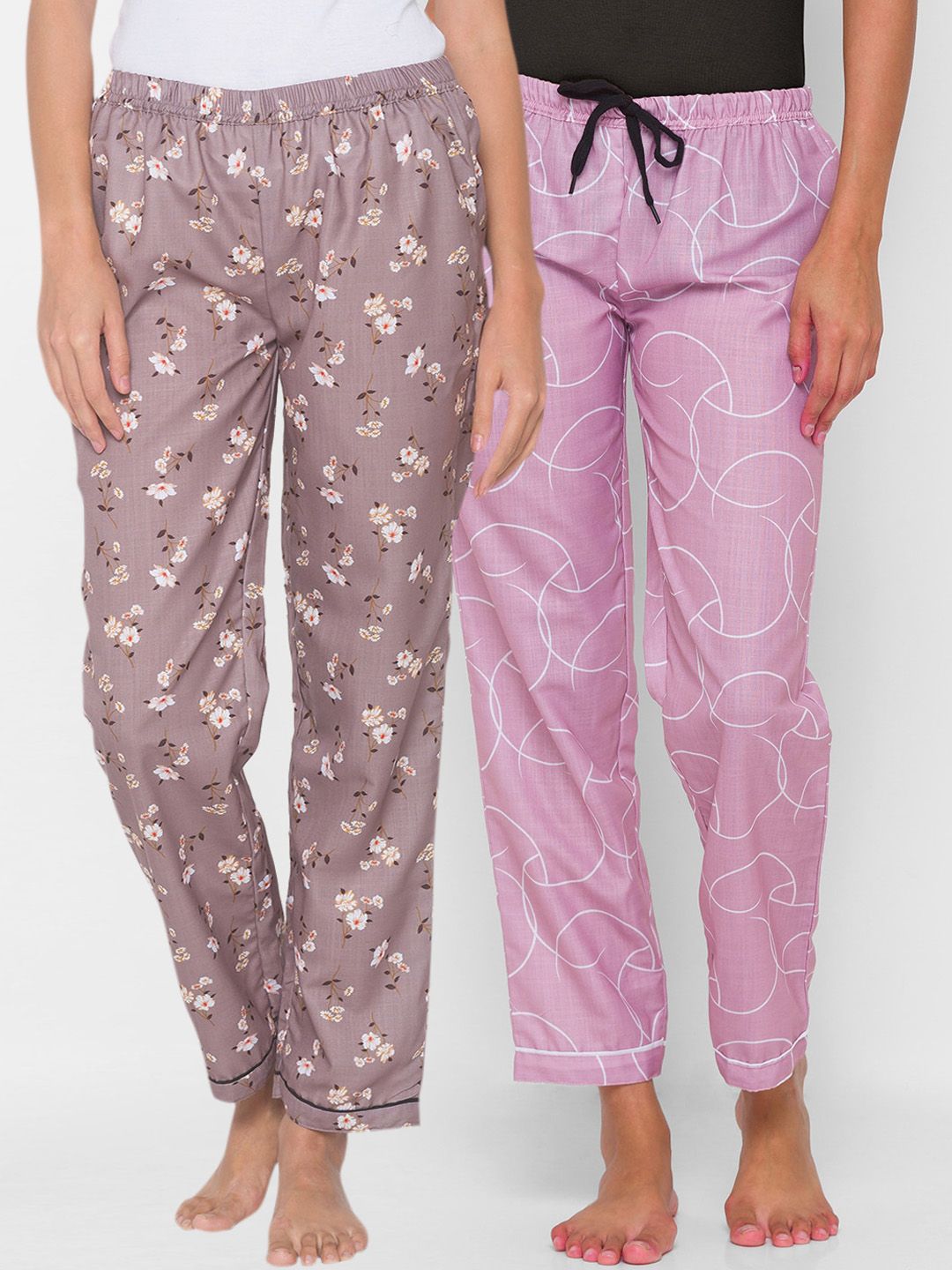 FashionRack Women Pack of 2 Brown & Pink Printed Cotton Lounge Pants Price in India