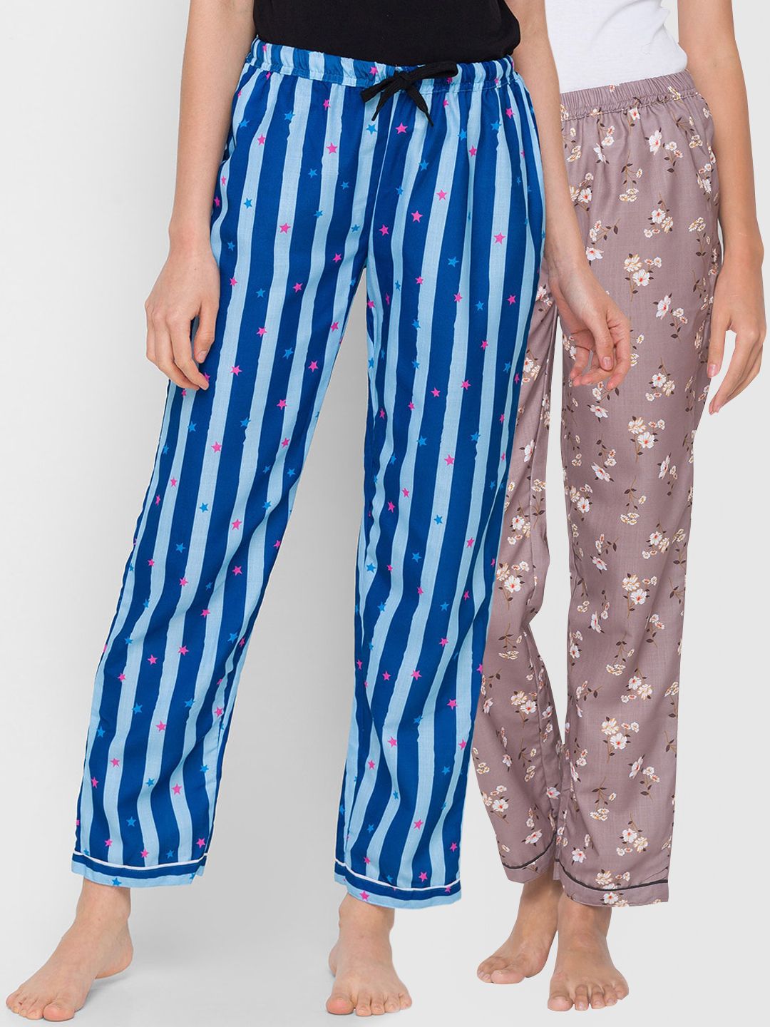 FashionRack Women Pack of 2 Brown & Blue Printed Cotton Lounge Pants Price in India