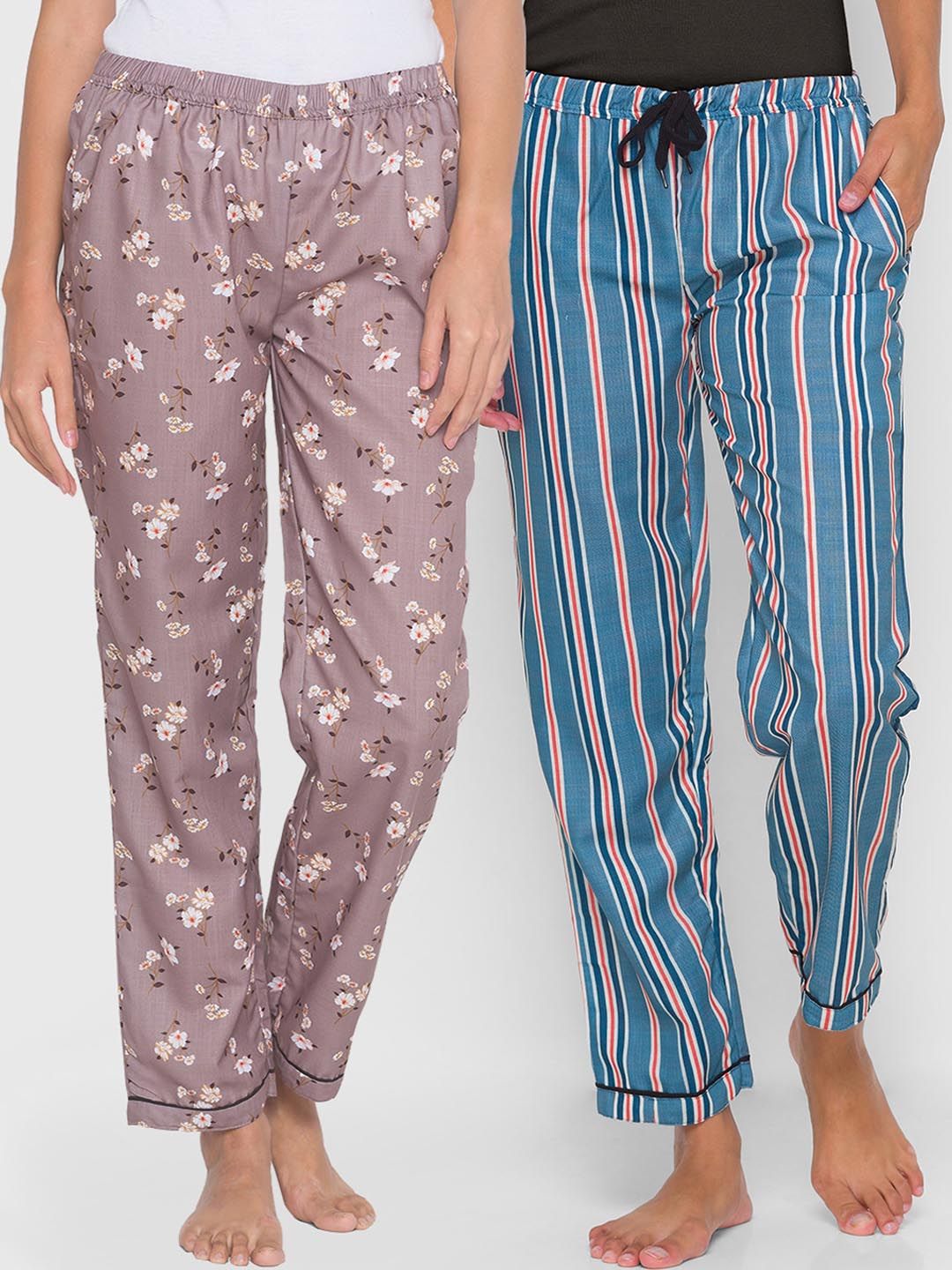 FashionRack Pack of 2 Brown & Navy Blue Printed Cotton Lounge Pants Price in India