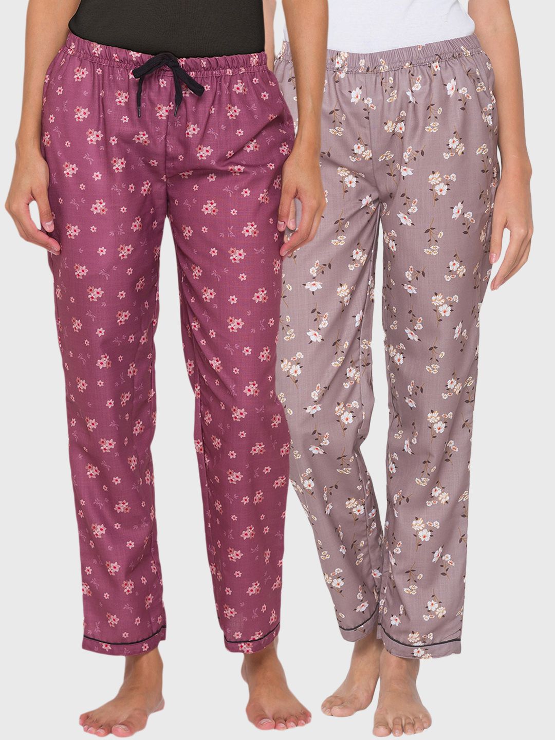 FashionRack Women Magenta & Mauve Pack Of 2 Printed Cotton Lounge Pants Price in India