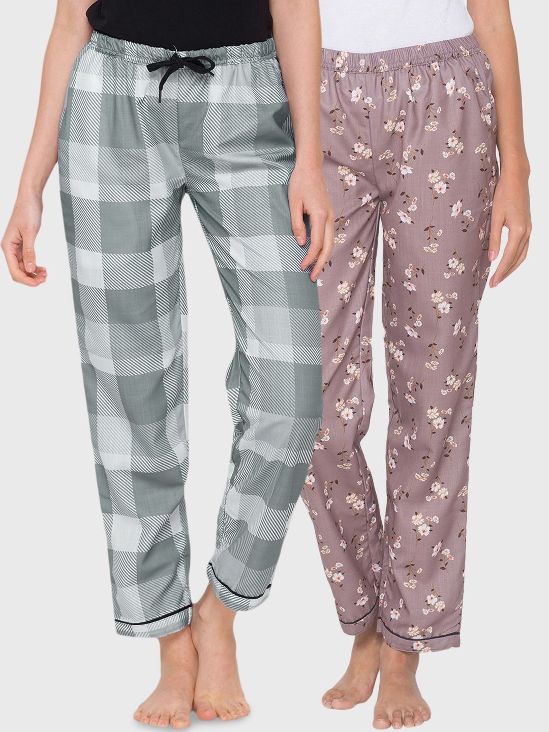 FashionRack Women Pack of 2 Brown & Grey Printed Cotton Lounge Pants Price in India