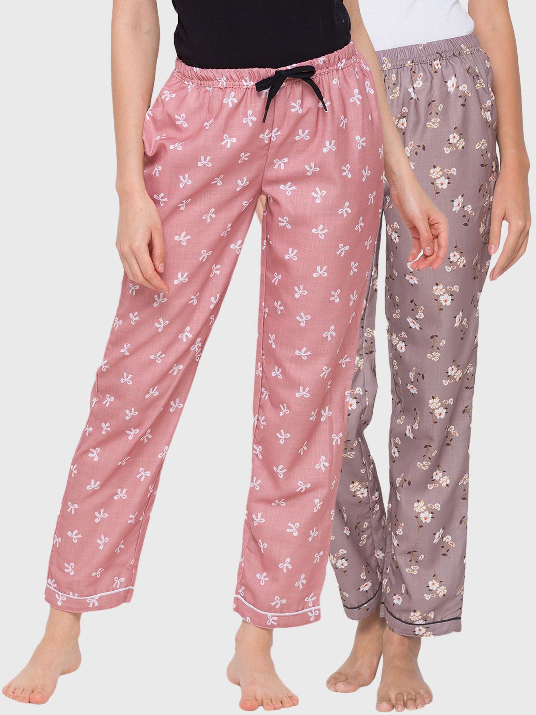 FashionRack Women Pack of 2 Brown and Pink Printed Cotton Lounge Pants Price in India