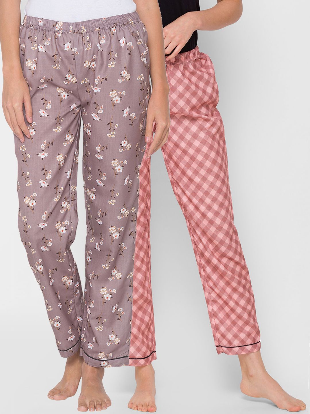 FashionRack Women Brown & Peach Pack of 2 Printed Lounge Pants Price in India