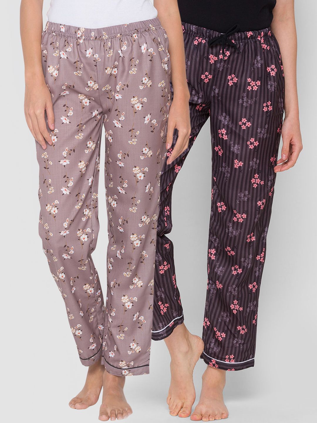 FashionRack Women Beige and Coffee Brown Pack of 2 Printed Lounge Pants Price in India