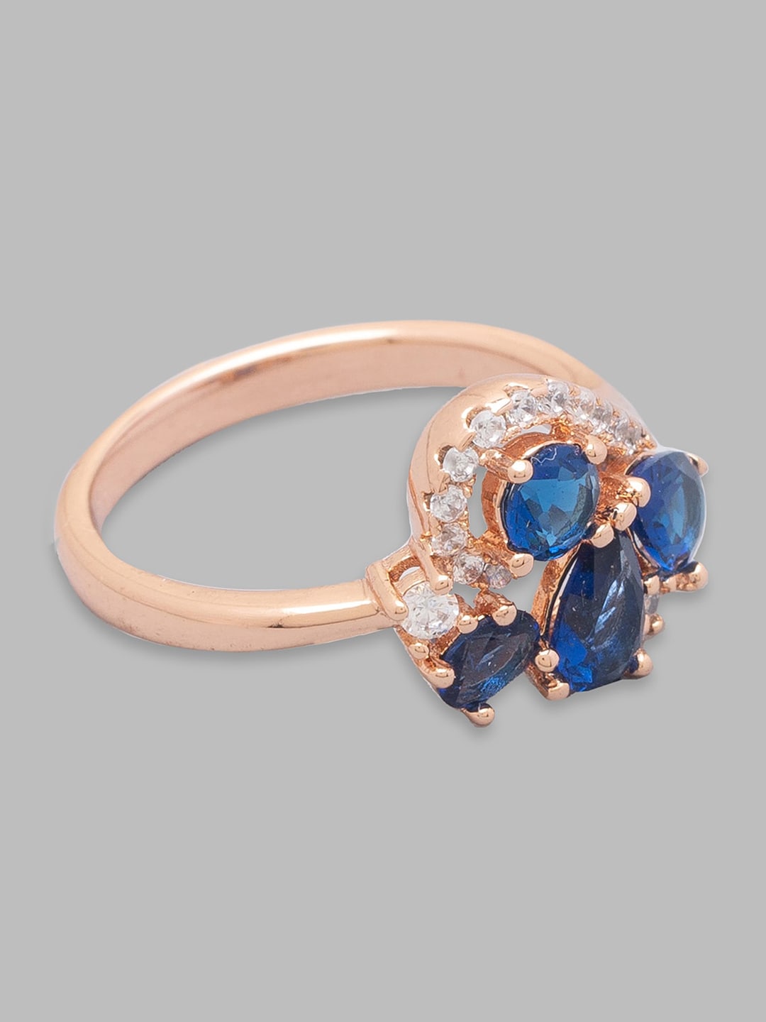 Globus Women Rose Gold Plated White & Blue CZ Studded Ring Price in India