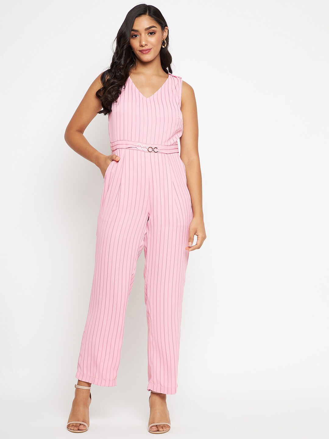 Madame Pink Striped Basic Jumpsuit Price in India