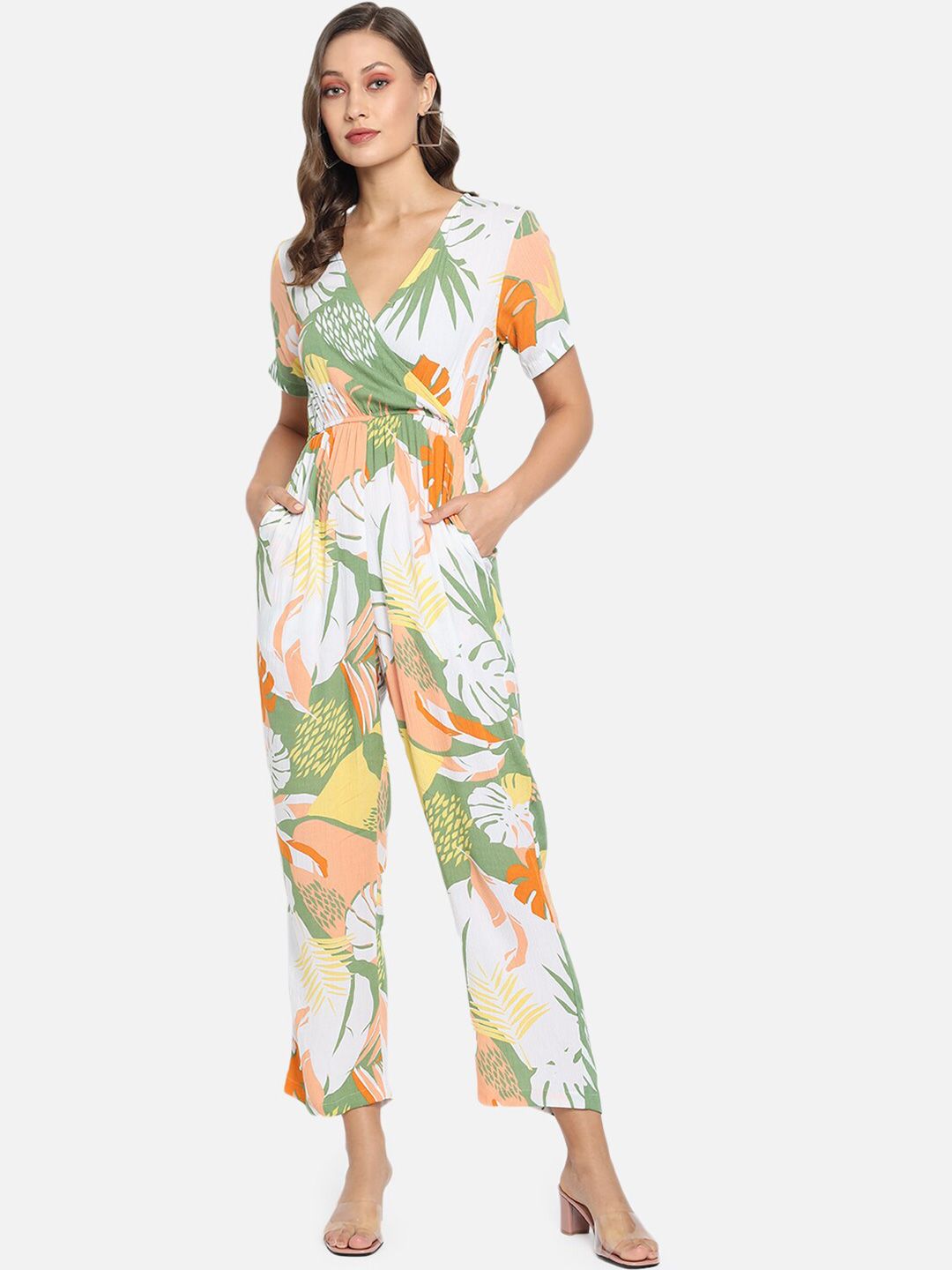 Trend Arrest White & Green Printed Basic Jumpsuit Price in India