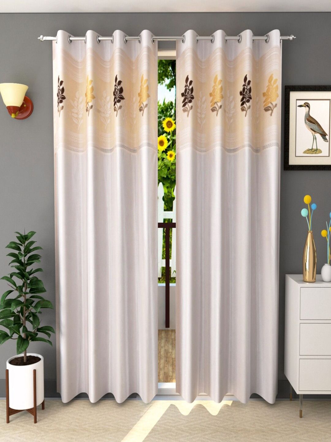 Homefab India Cream-Coloured & Brown Set of 2 Floral Sheer Door Curtain Price in India