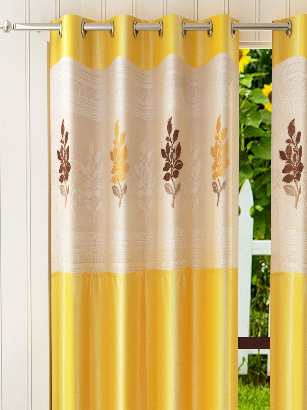 Homefab India Yellow & White Set of 2 Floral Sheer Long Door Curtain Price in India