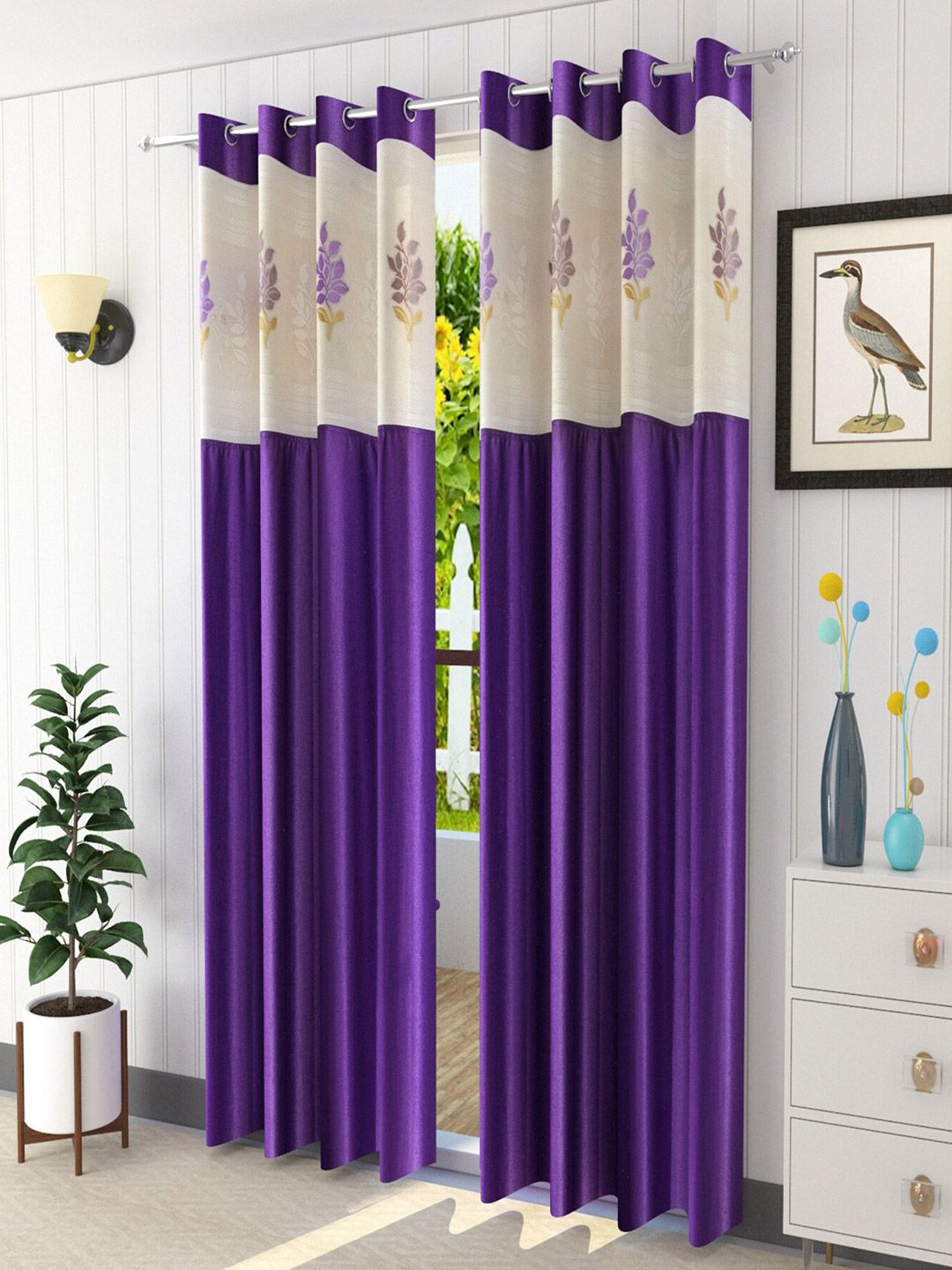 Homefab India Purple & White Set of 2 Floral Sheer Window Curtain Price in India