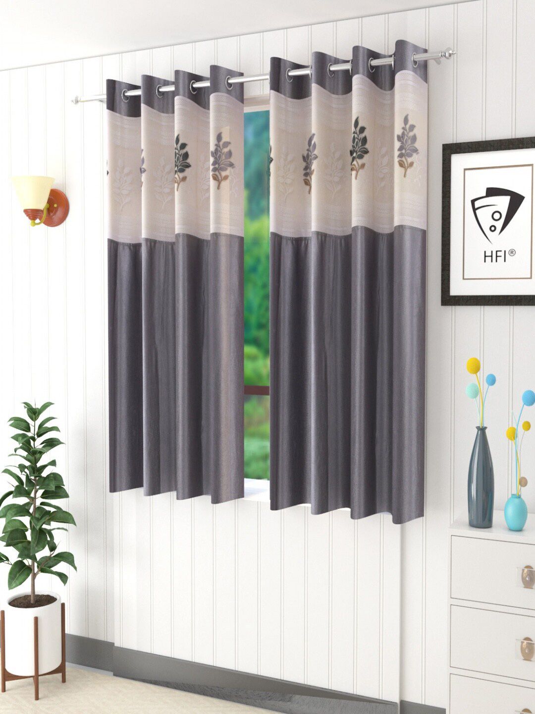Homefab India Grey & Beige Set of 2 Sheer Window Curtain Price in India