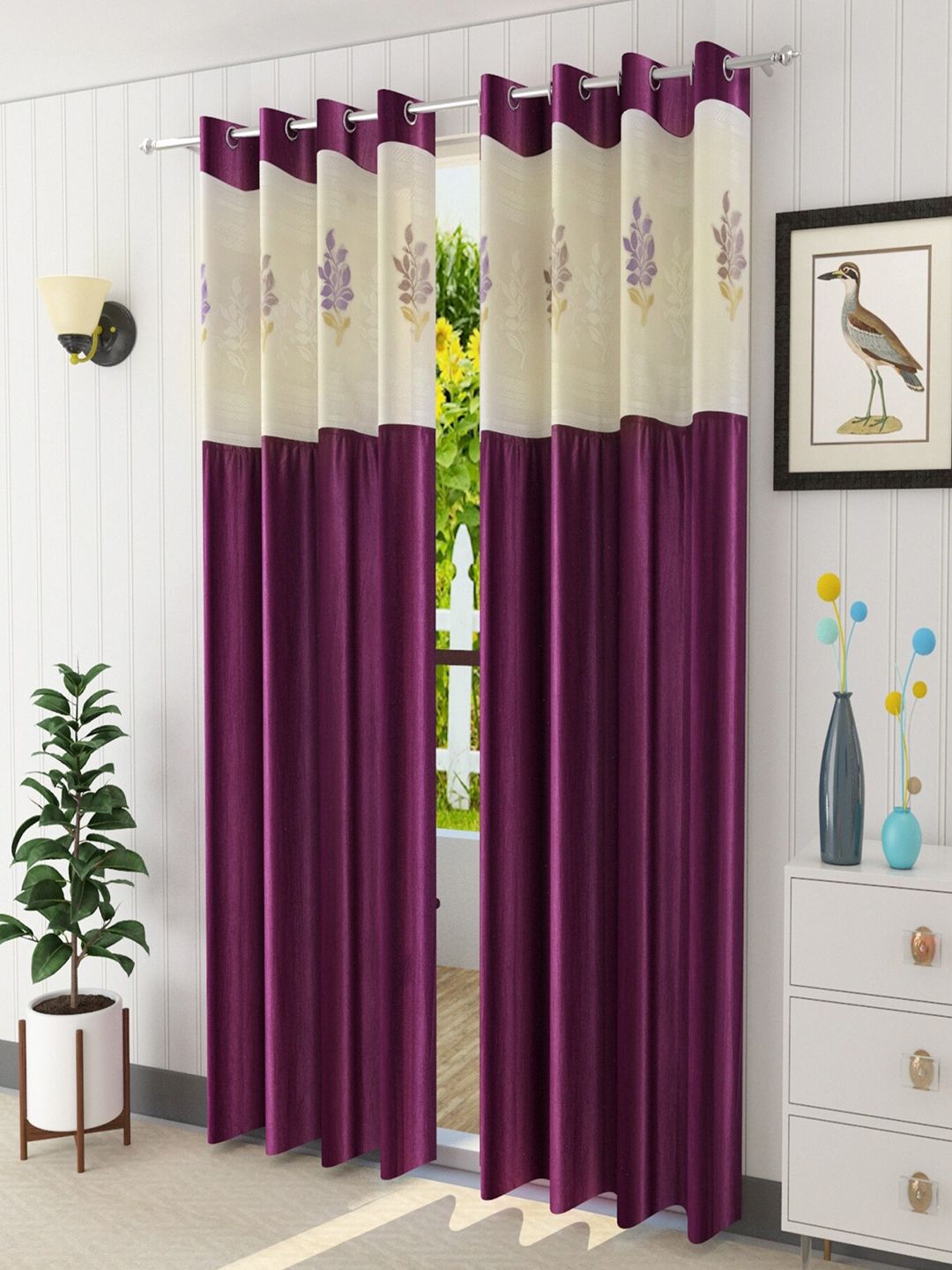 Homefab India Burgundy & White Set of 2 Long Door Curtain Price in India