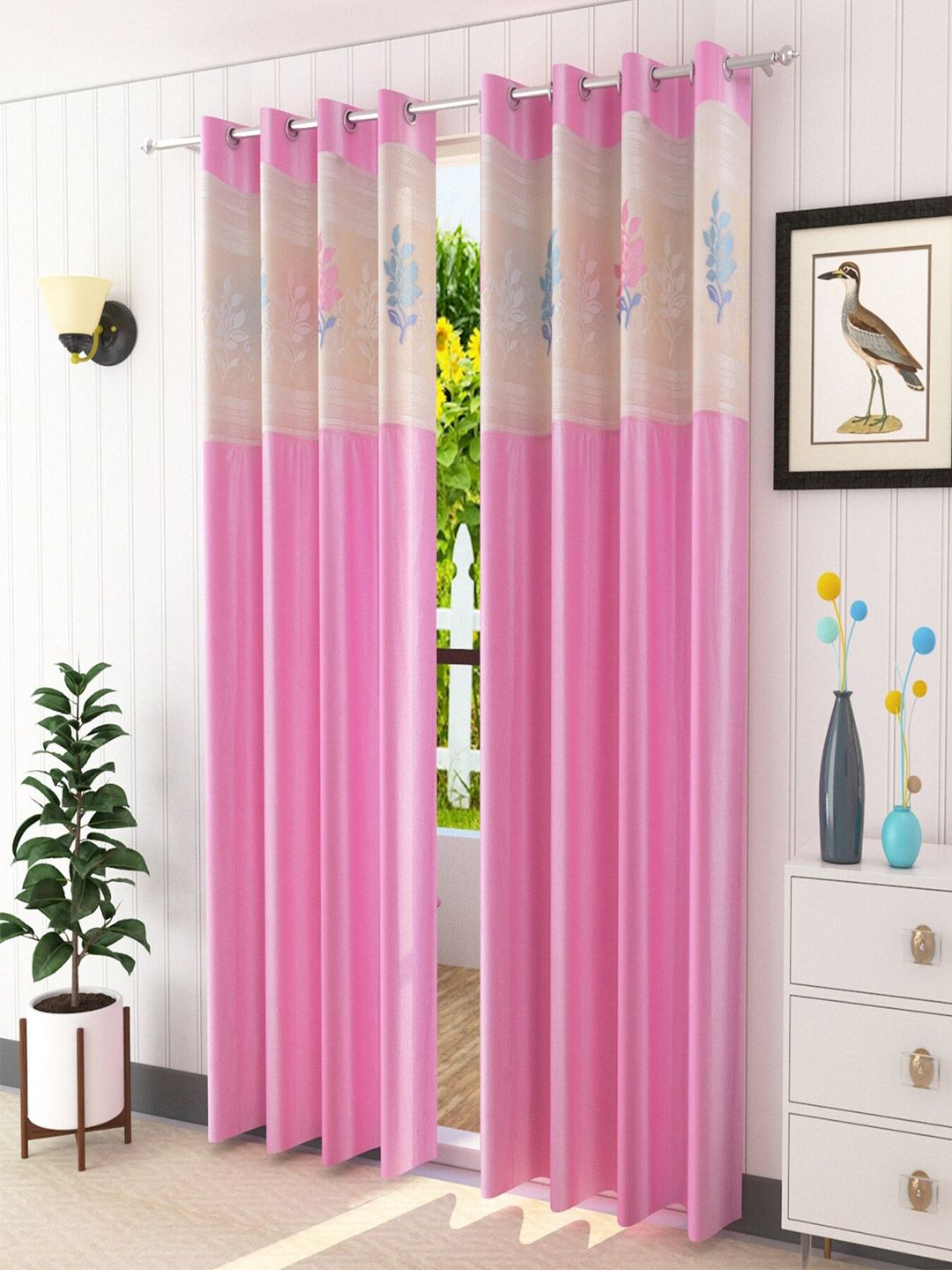 Homefab India Pink & Blue Set of 2 Floral Sheer Window Curtain Price in India