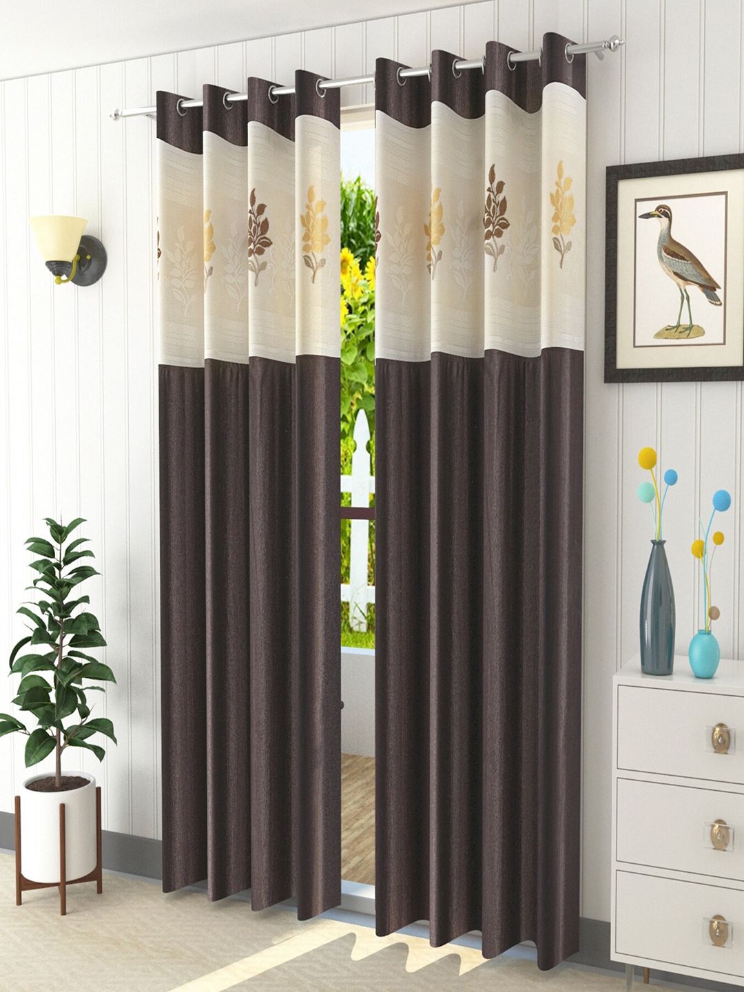 Homefab India Coffee Brown & Beige Set of 2 Ethnic Motifs Long Door Curtains Price in India