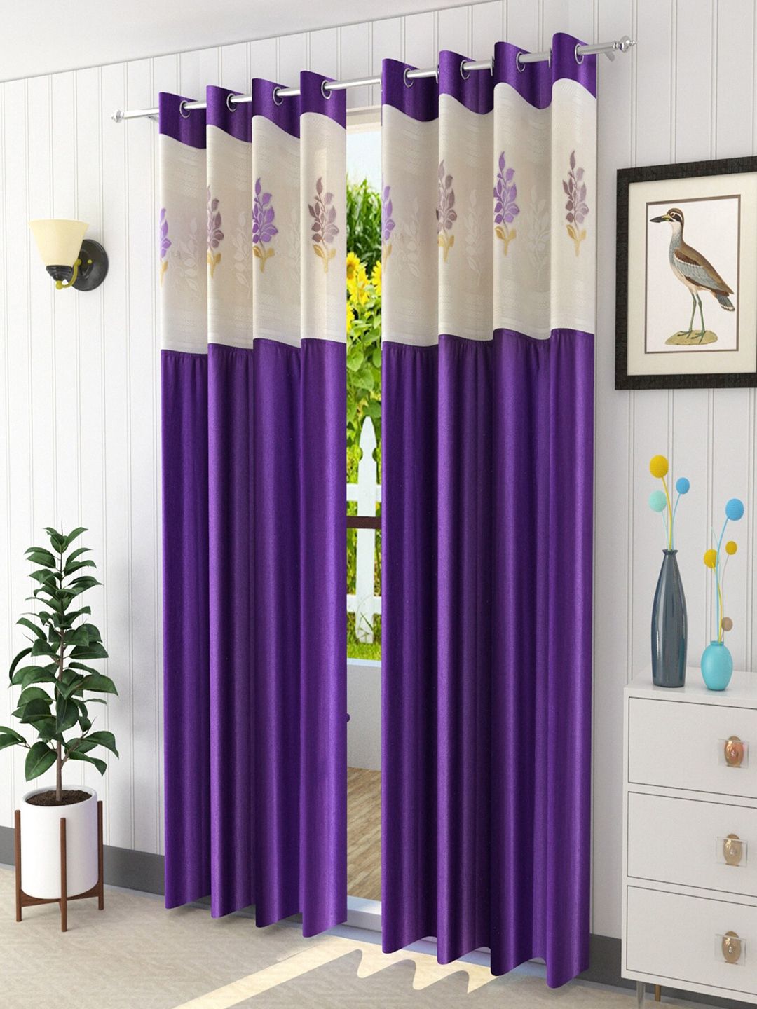 Homefab India Purple & Cream-Coloured Set of 2 Floral Sheer Door Curtain Price in India