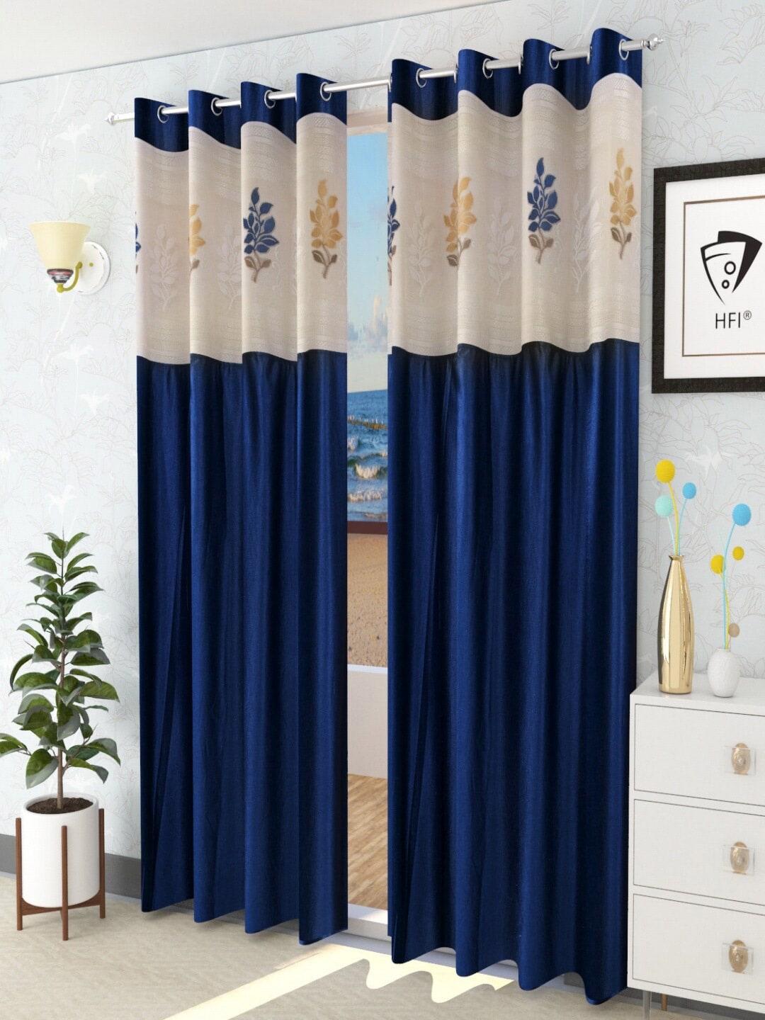 Homefab India Set of 2 Navy Blue & Cream Colored Floral Long Door Curtain Price in India