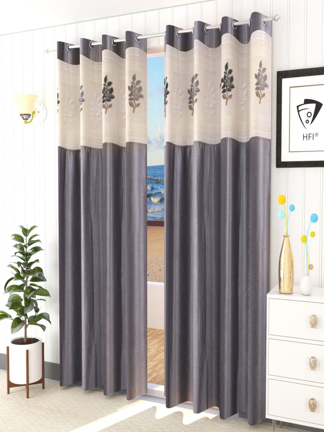 Homefab India Grey & Cream-Coloured Set of 2 Floral Sheer Long Door Curtain Price in India