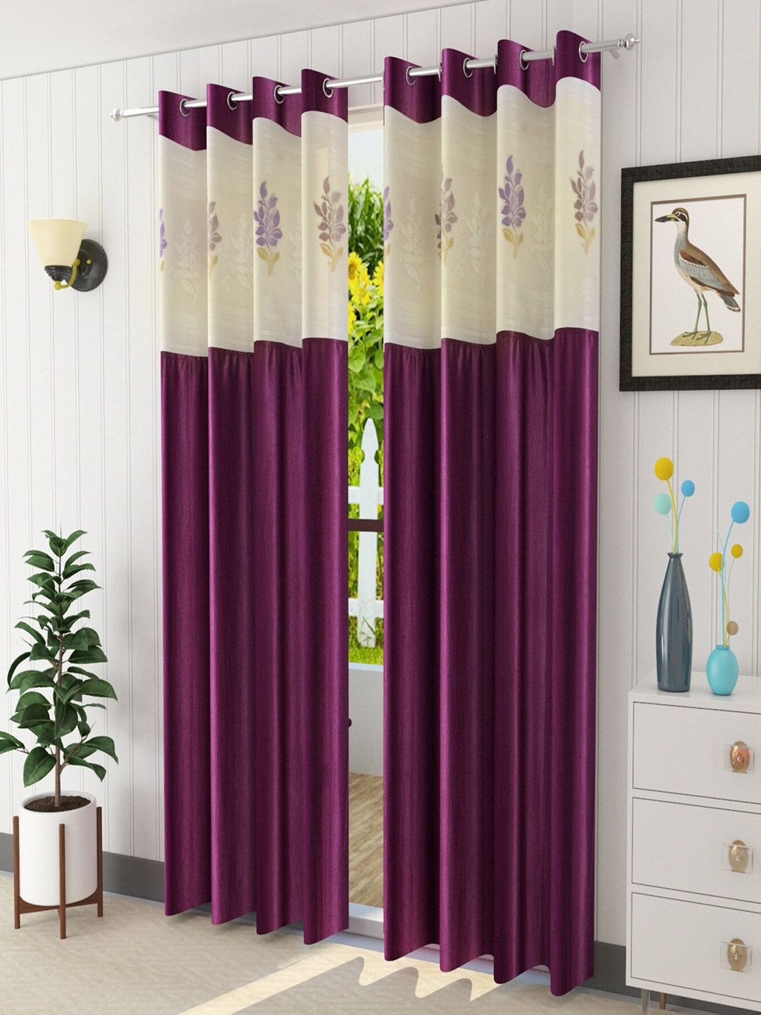 Homefab India Burgundy & White Set of 2 Floral Sheer Door Curtain Price in India