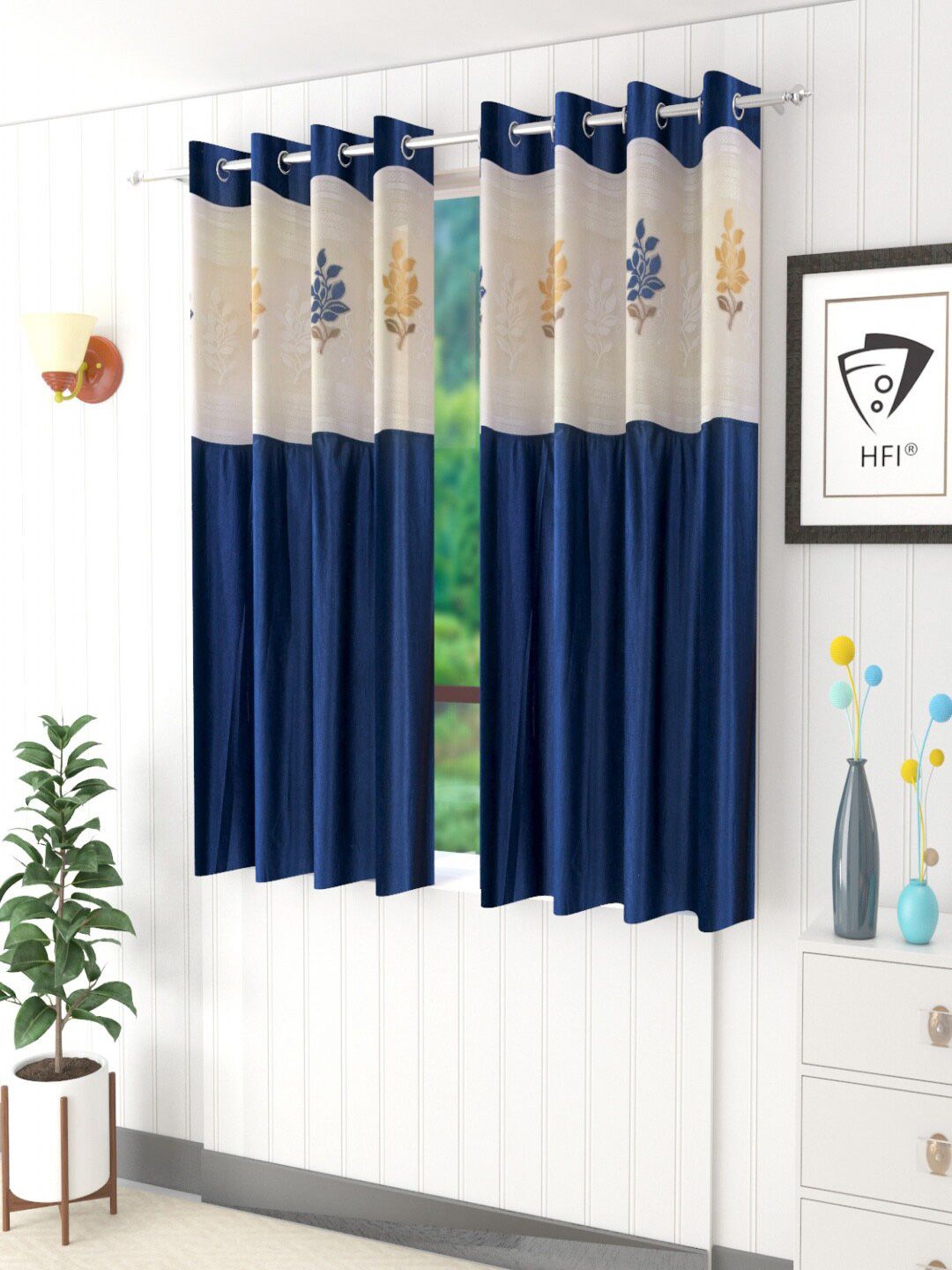 Homefab India Set of 2 Navy Blue & Cream Colored Floral Sheer Window Curtain Price in India