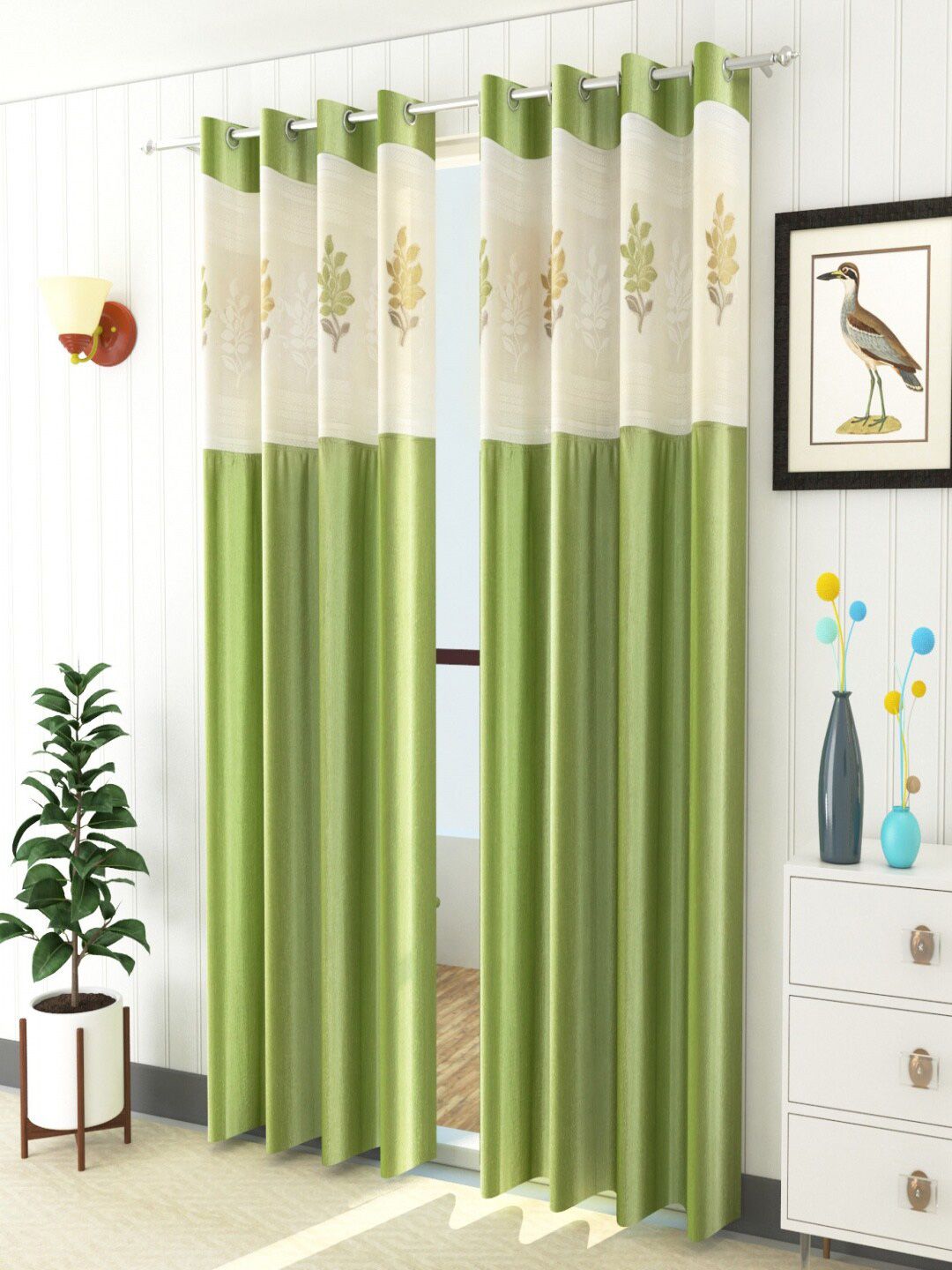 Homefab India Green & Beige Set of 2 Floral Sheer Long Door Curtain Price in India