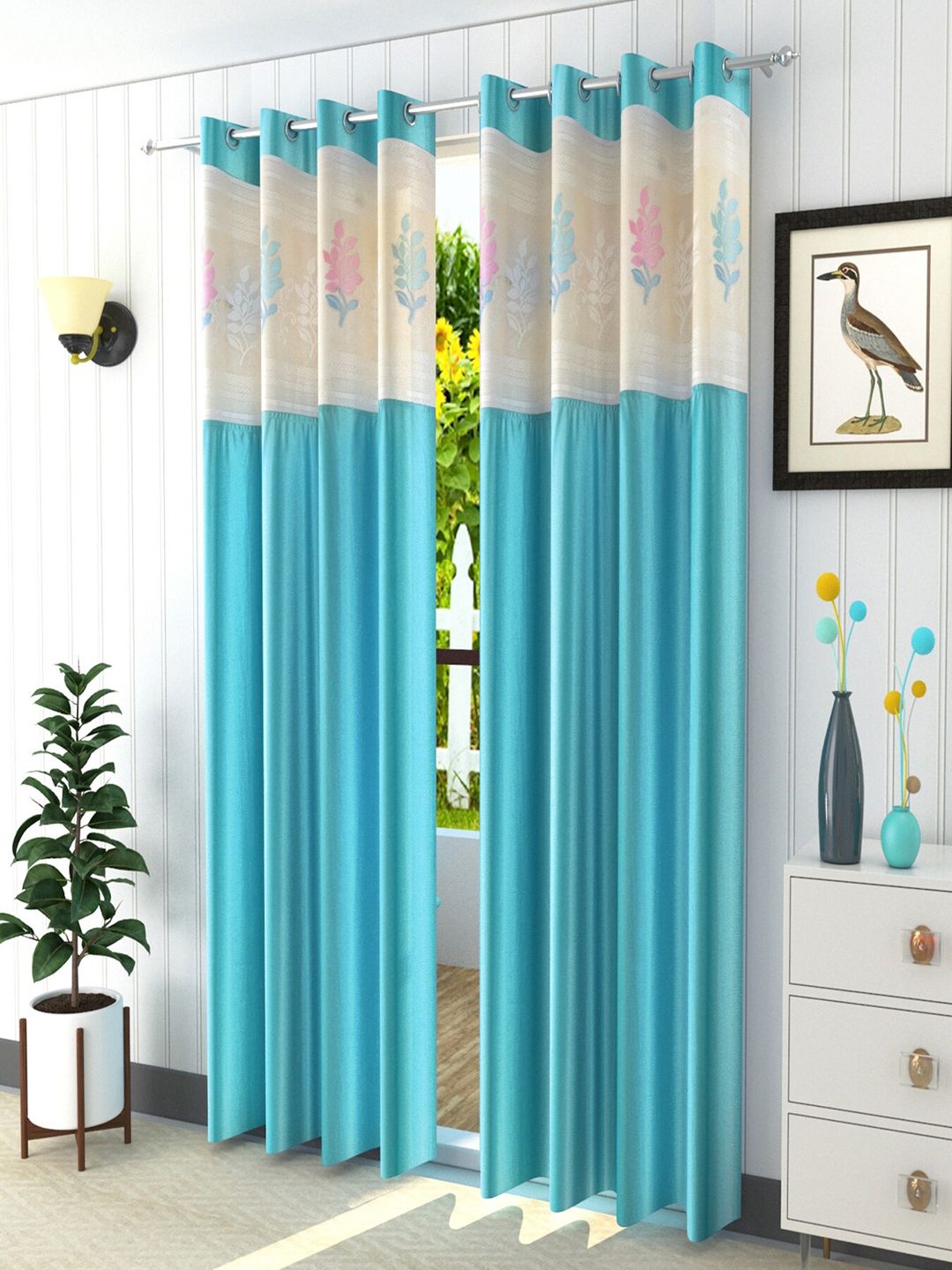 Homefab India Turquoise Blue & Cream-Coloured Set of 2 Floral Door Curtains Price in India