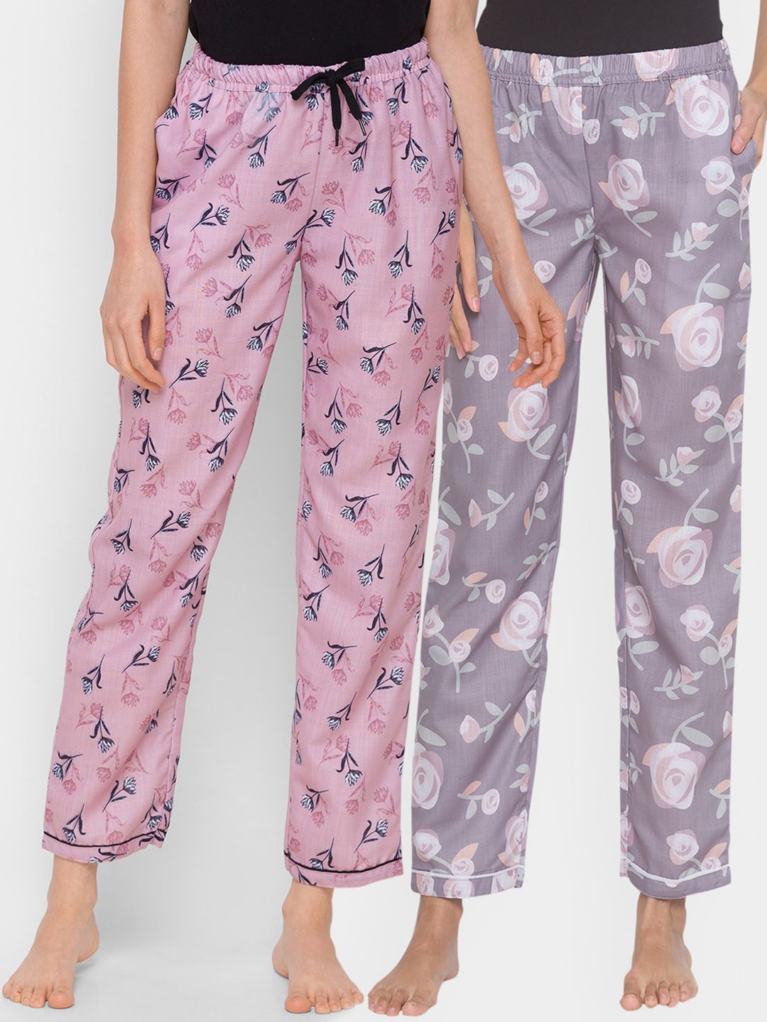 FashionRack Women Grey & Pink Pack of 2 Printed Lounge Pants Price in India