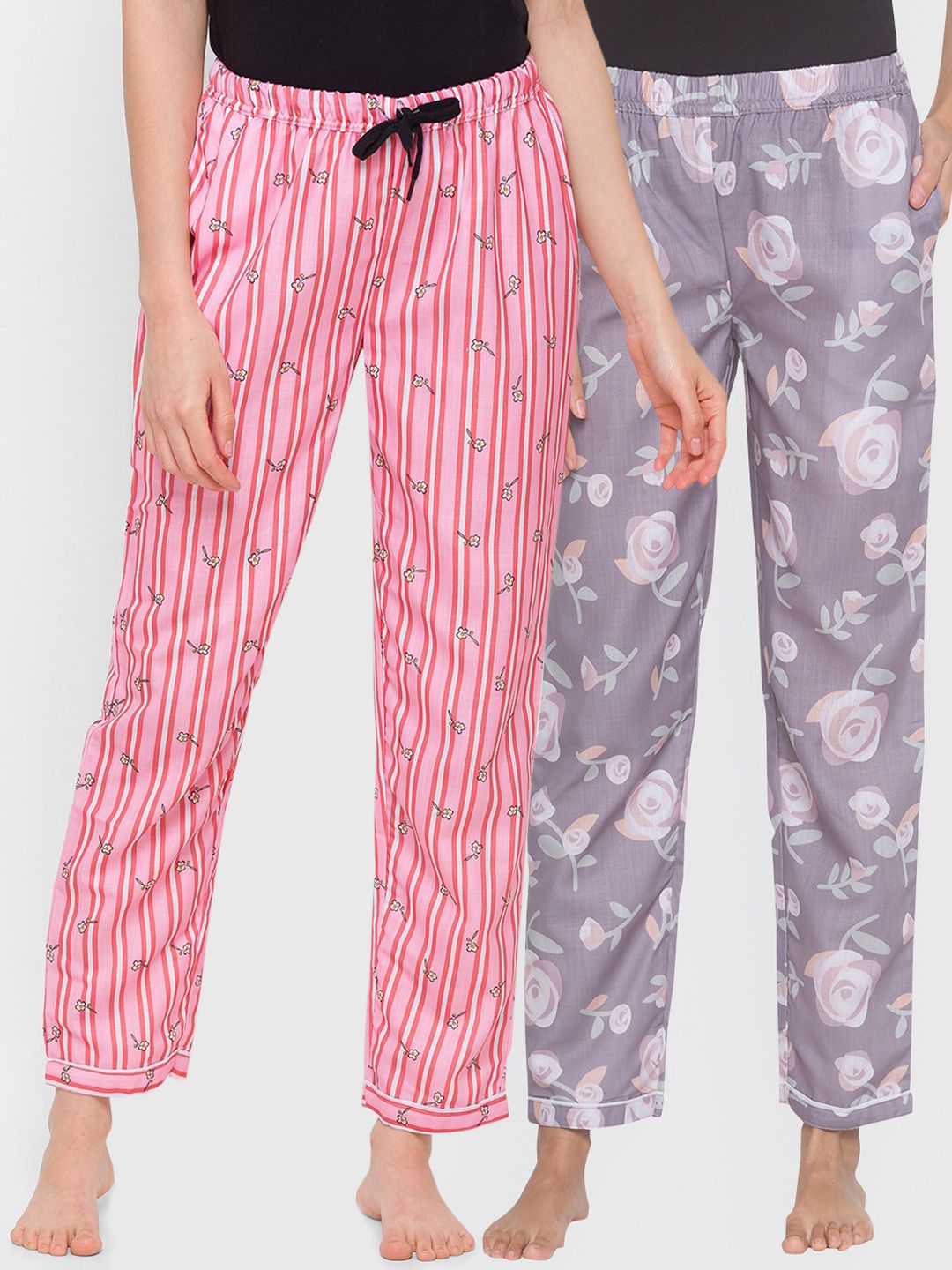 FashionRack Women Brown & Pink Pack of 2 Stripe Tulips Printed Lounge Pants Price in India