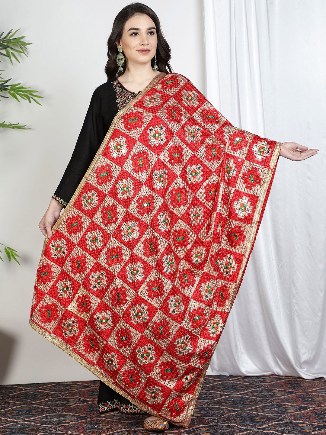 Moda Chales Red & Gold-Toned Embroidered Phulkari Dupatta Price in India