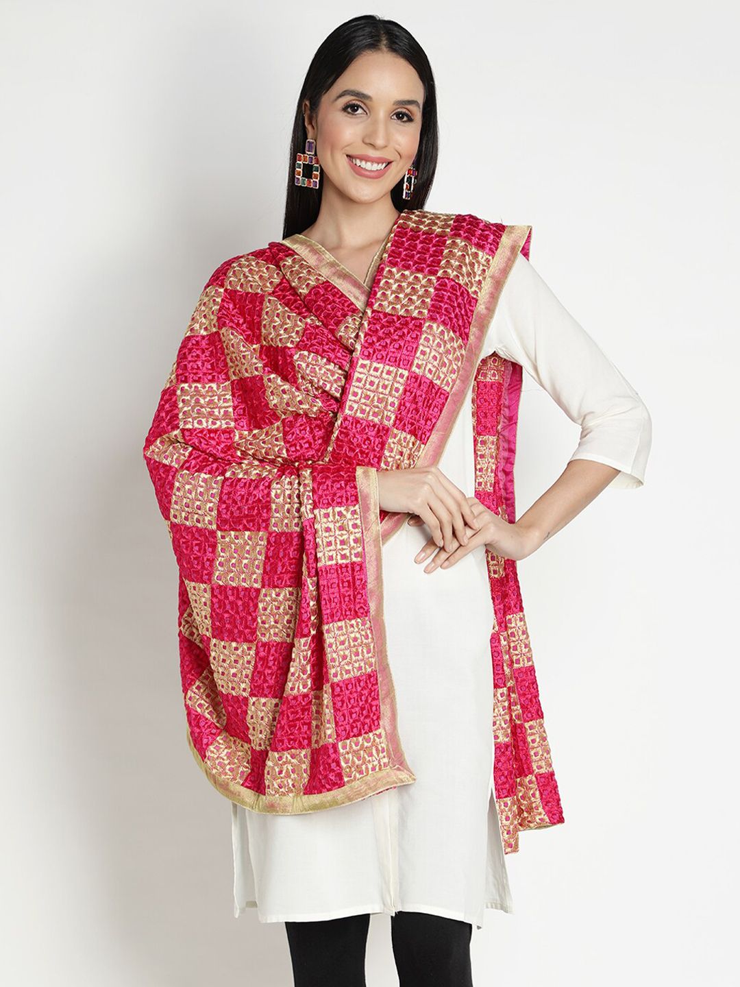 Moda Chales Magenta & Beige Embroidered Dupatta with Phulkari Price in India