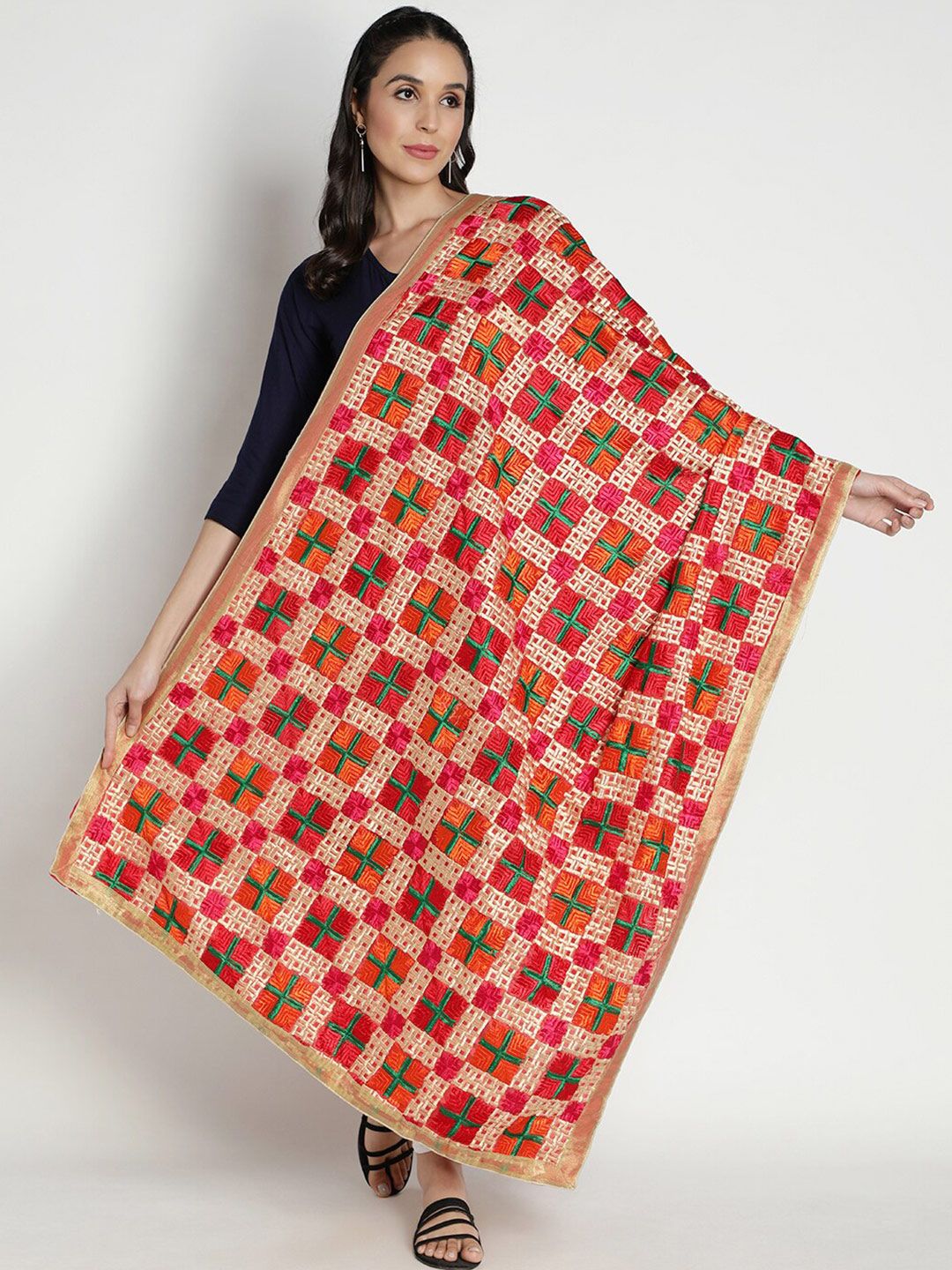 Moda Chales Orange & Cream-Coloured Embroidered Dupatta with Phulkari Price in India